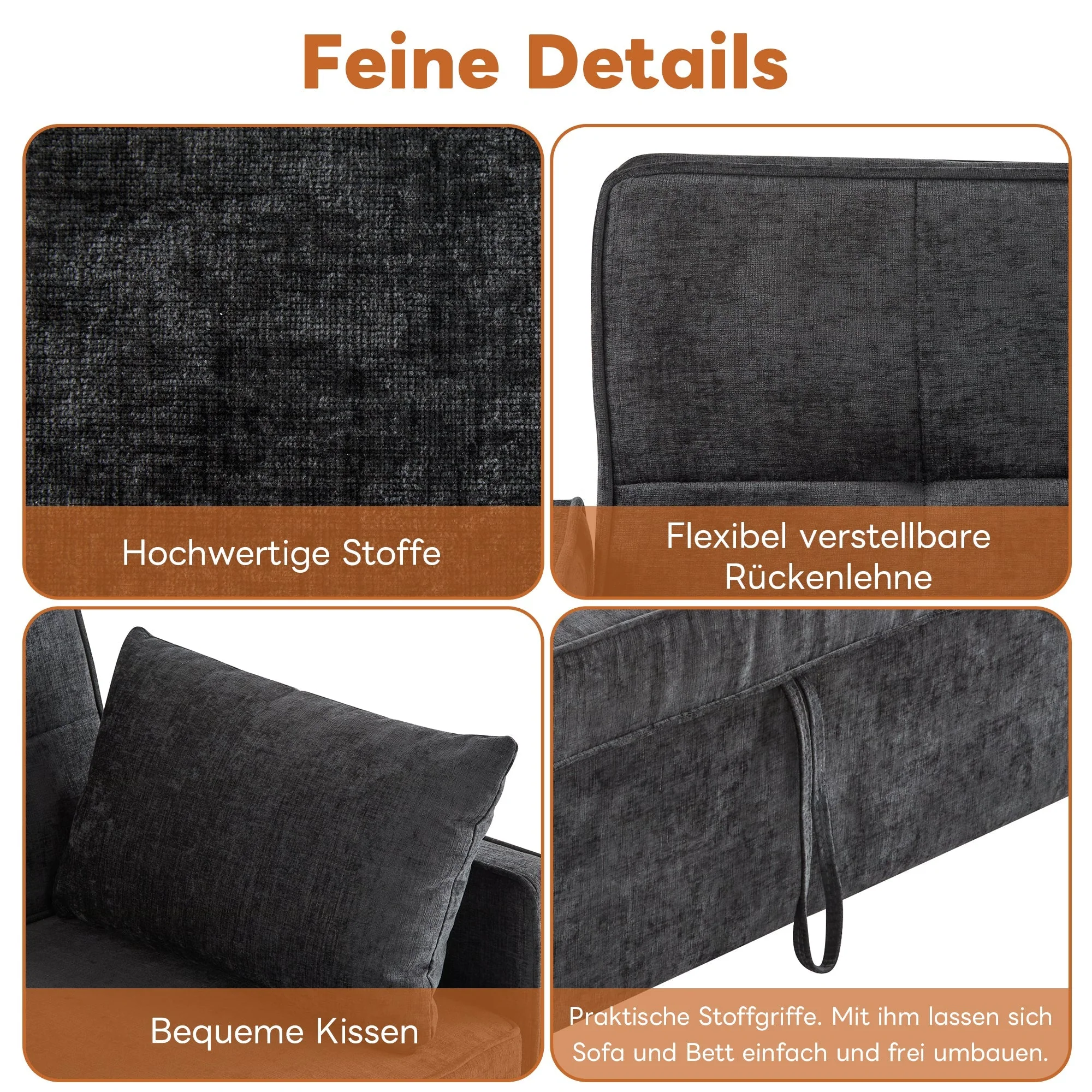 Sofa Bed Two-Seater Sleeper, Adjustable Backrest High-Density Foam, Chenille Fabric - Image 2