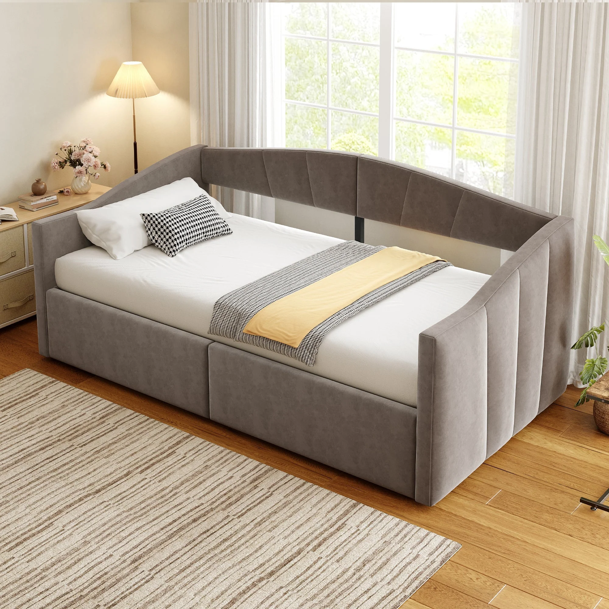 Sofa Bed, Upholstered with Hydraulic Storage, Slatted Frame & Armrests, Striped Velvet, Grey - Image 3