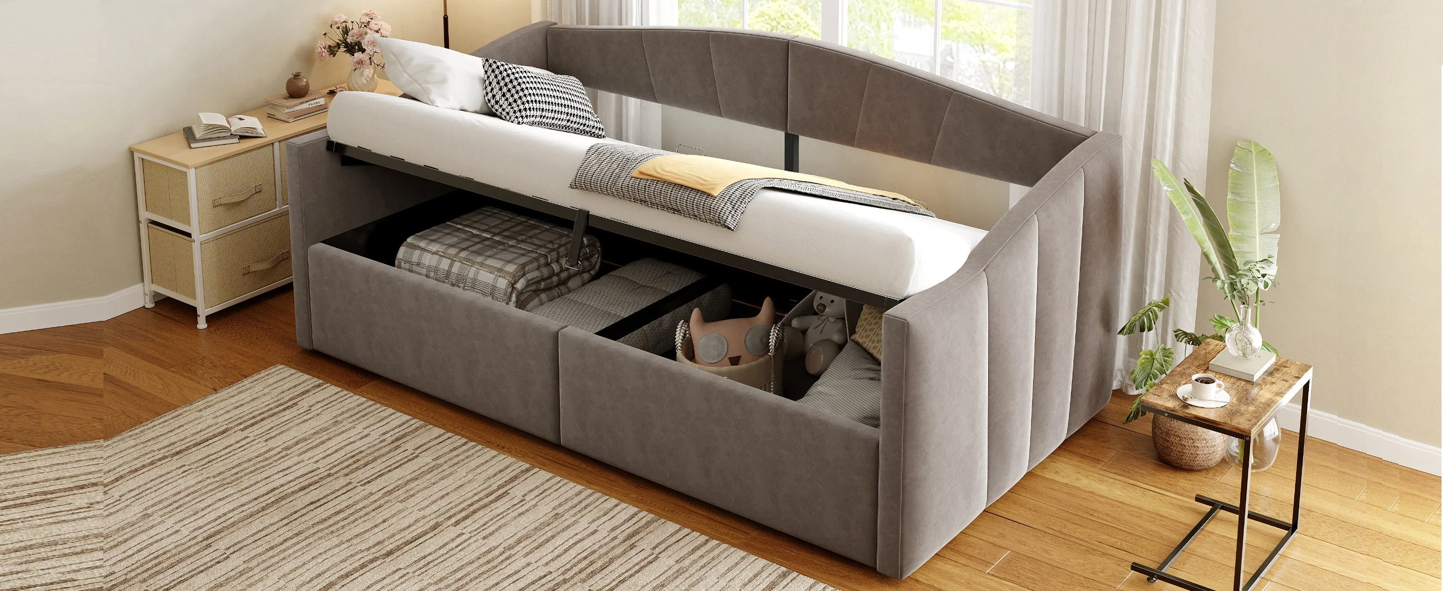 Sofa Bed, Upholstered with Hydraulic Storage, Slatted Frame & Armrests, Striped Velvet, Grey - Image 7