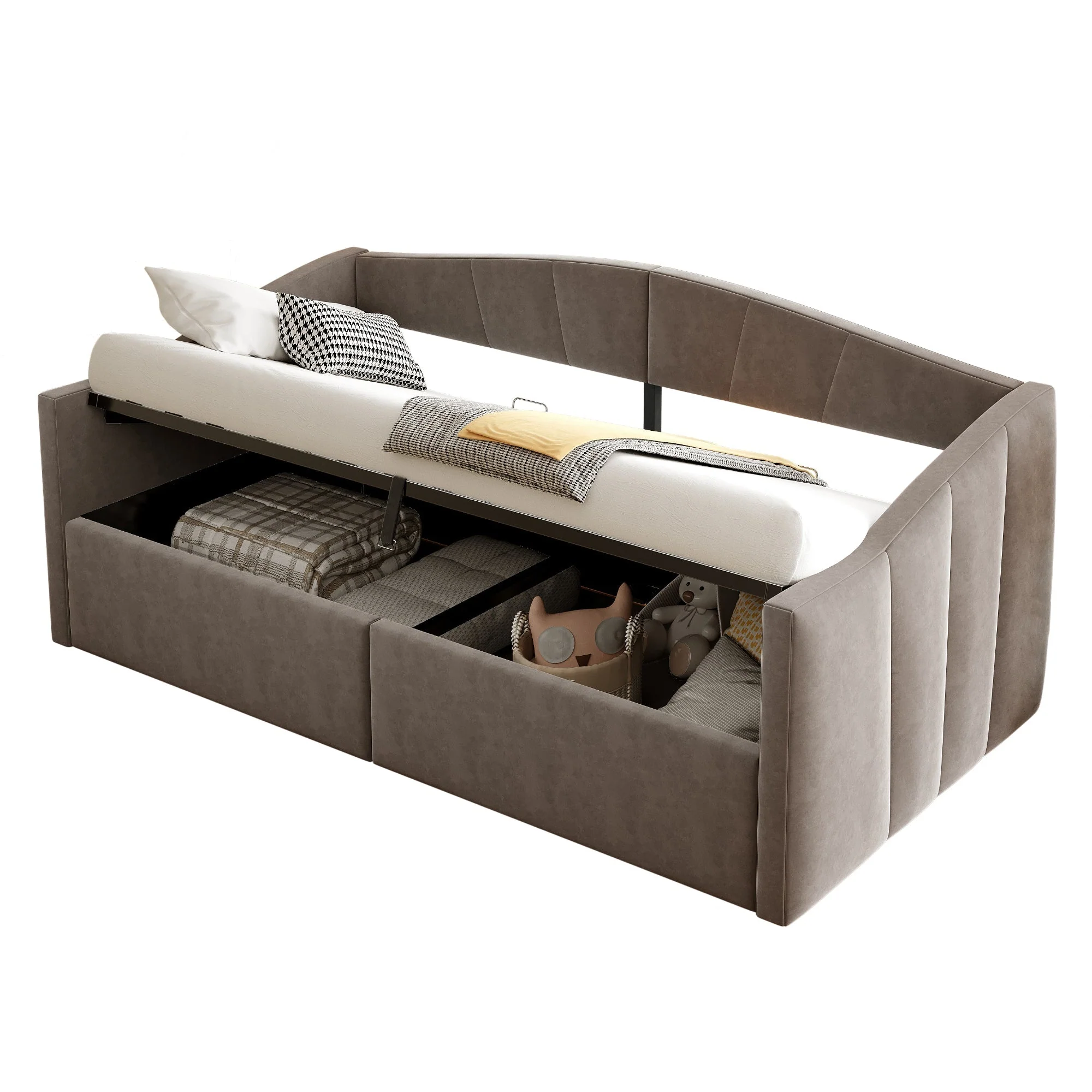 Sofa Bed, Upholstered with Hydraulic Storage, Slatted Frame & Armrests, Striped Velvet, Grey - Image 8
