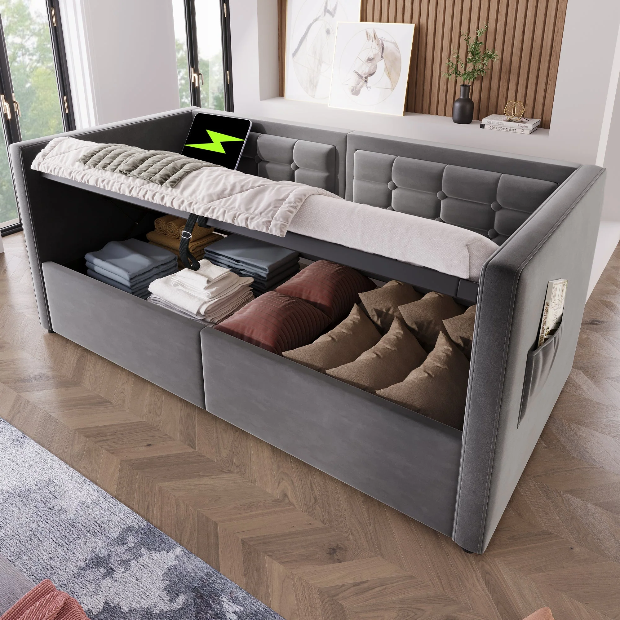 Sofa Bed, Upholstered with Hydraulic Storage, USB & Type-C Charging, Gray Velvet - Image 8