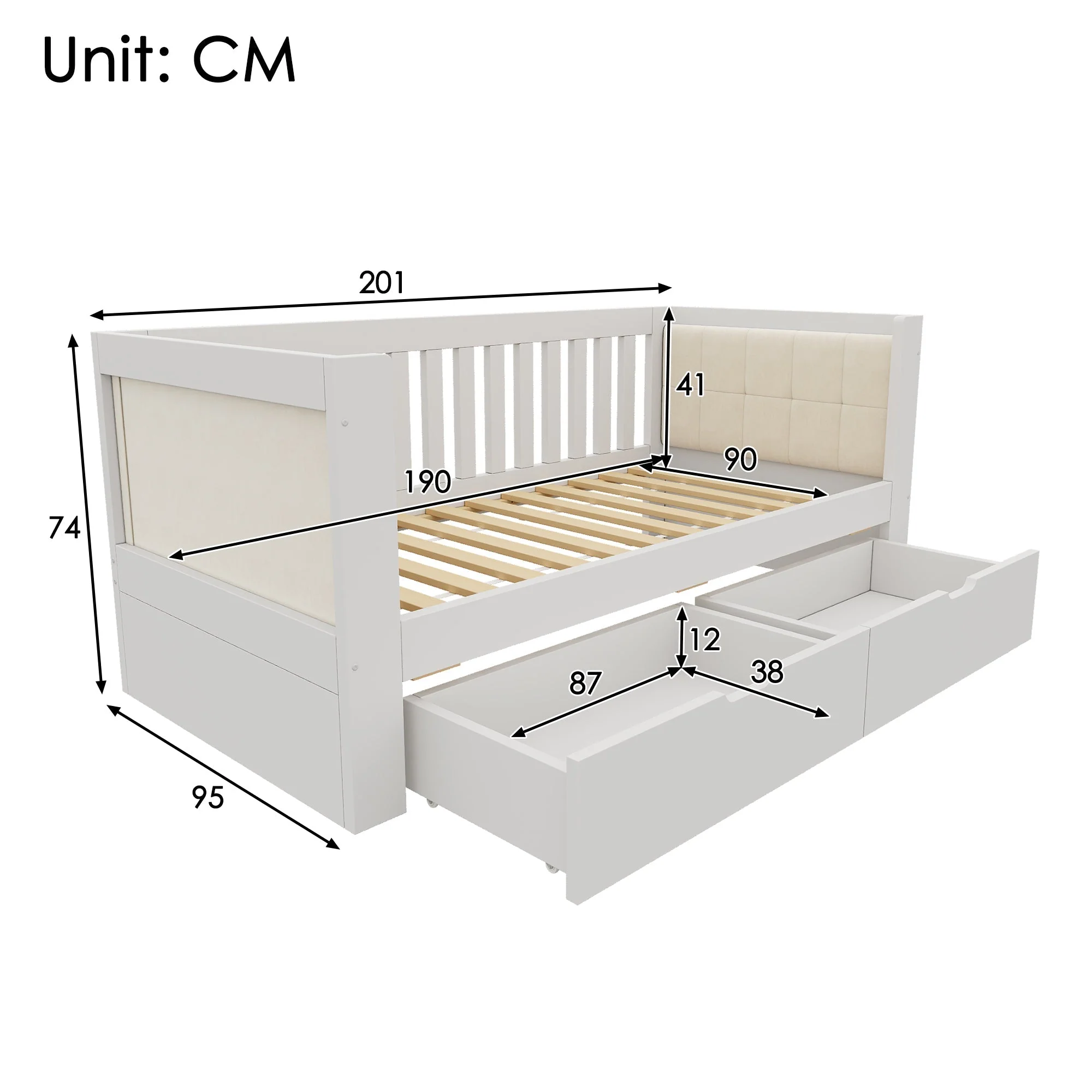 Sofa Bed with 2 Drawers and Rounded Armrests, 90x190cm, White Wood - Image 2