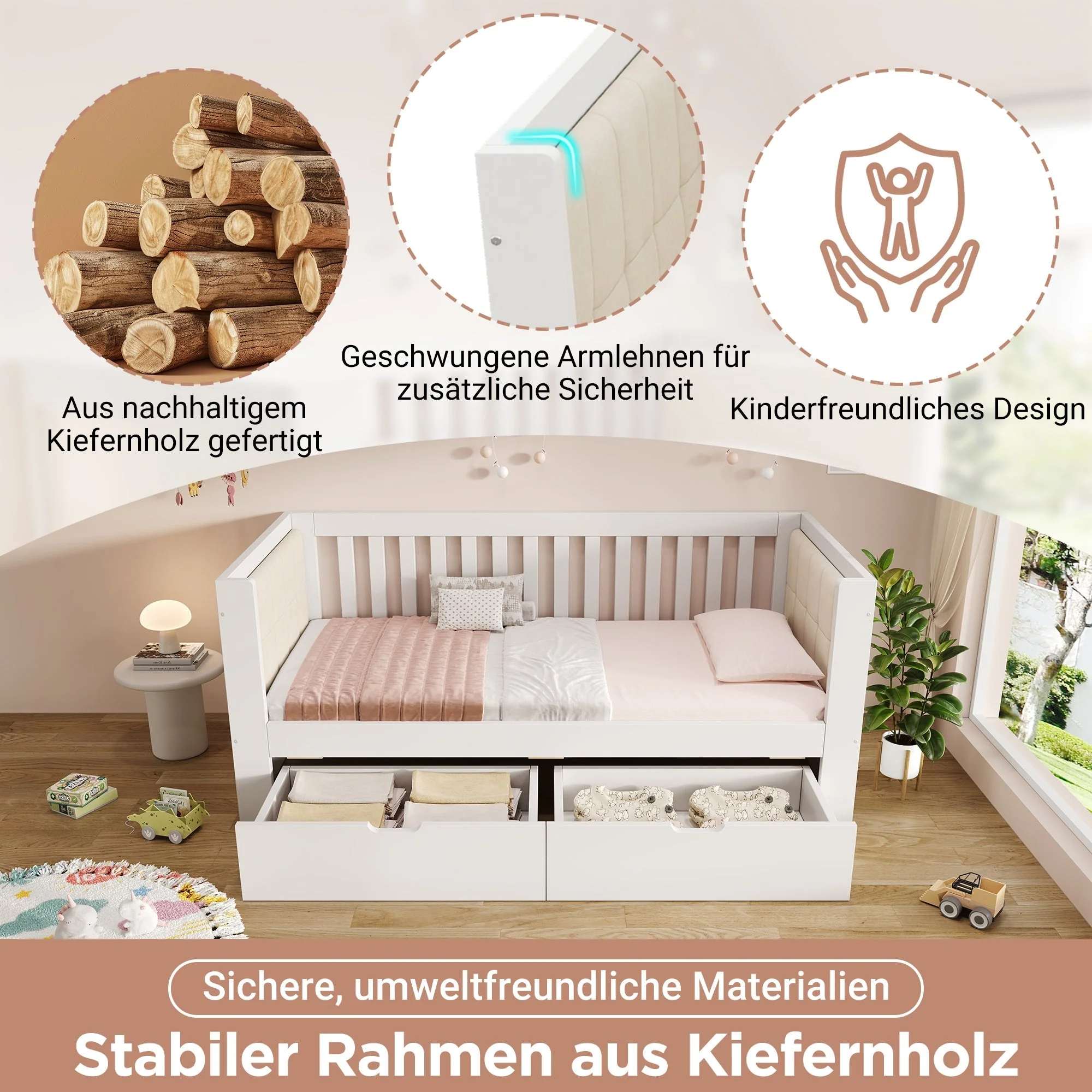 Sofa Bed with 2 Drawers and Rounded Armrests, 90x190cm, White Wood - Image 4
