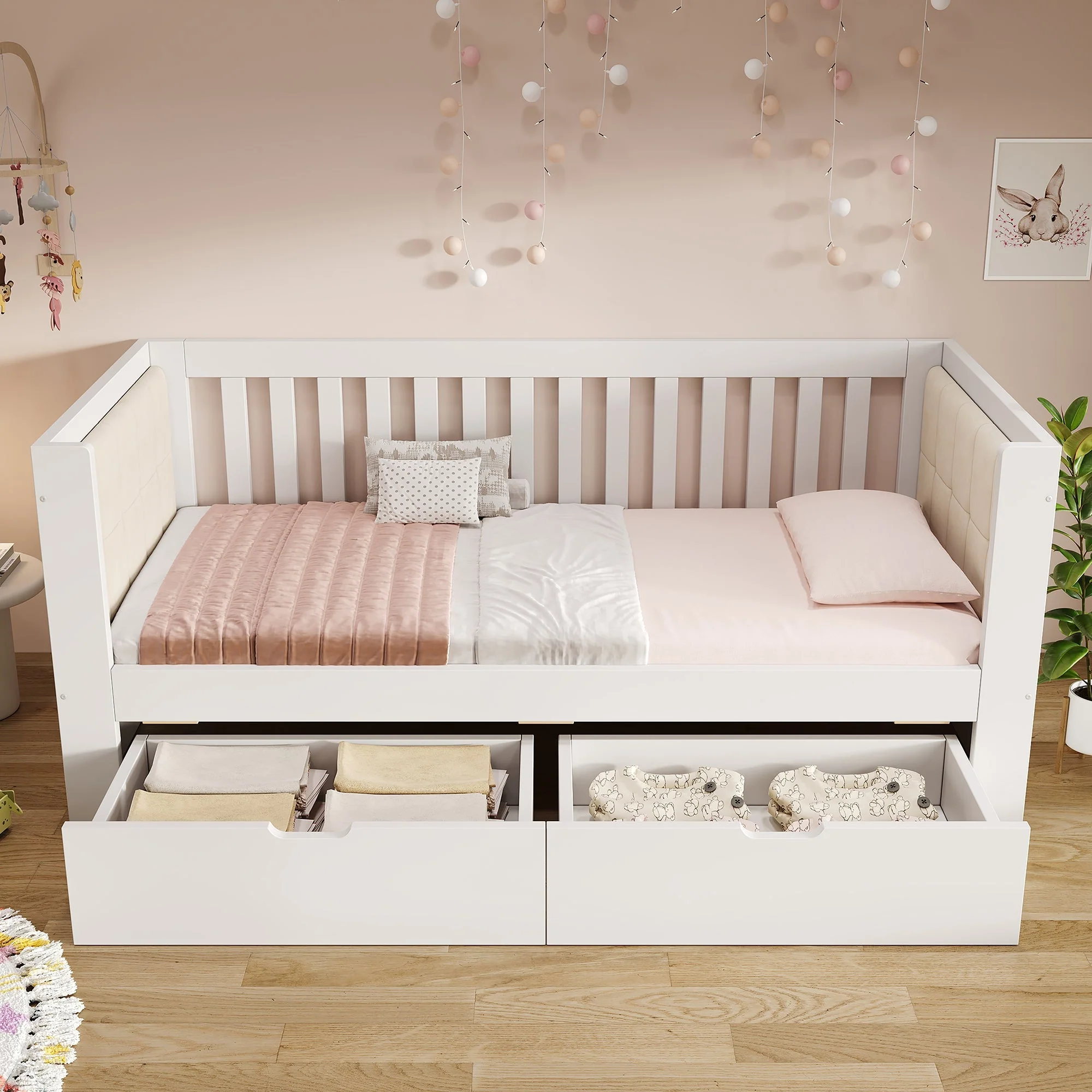 Sofa Bed with 2 Drawers and Rounded Armrests, 90x190cm, White Wood - Image 9
