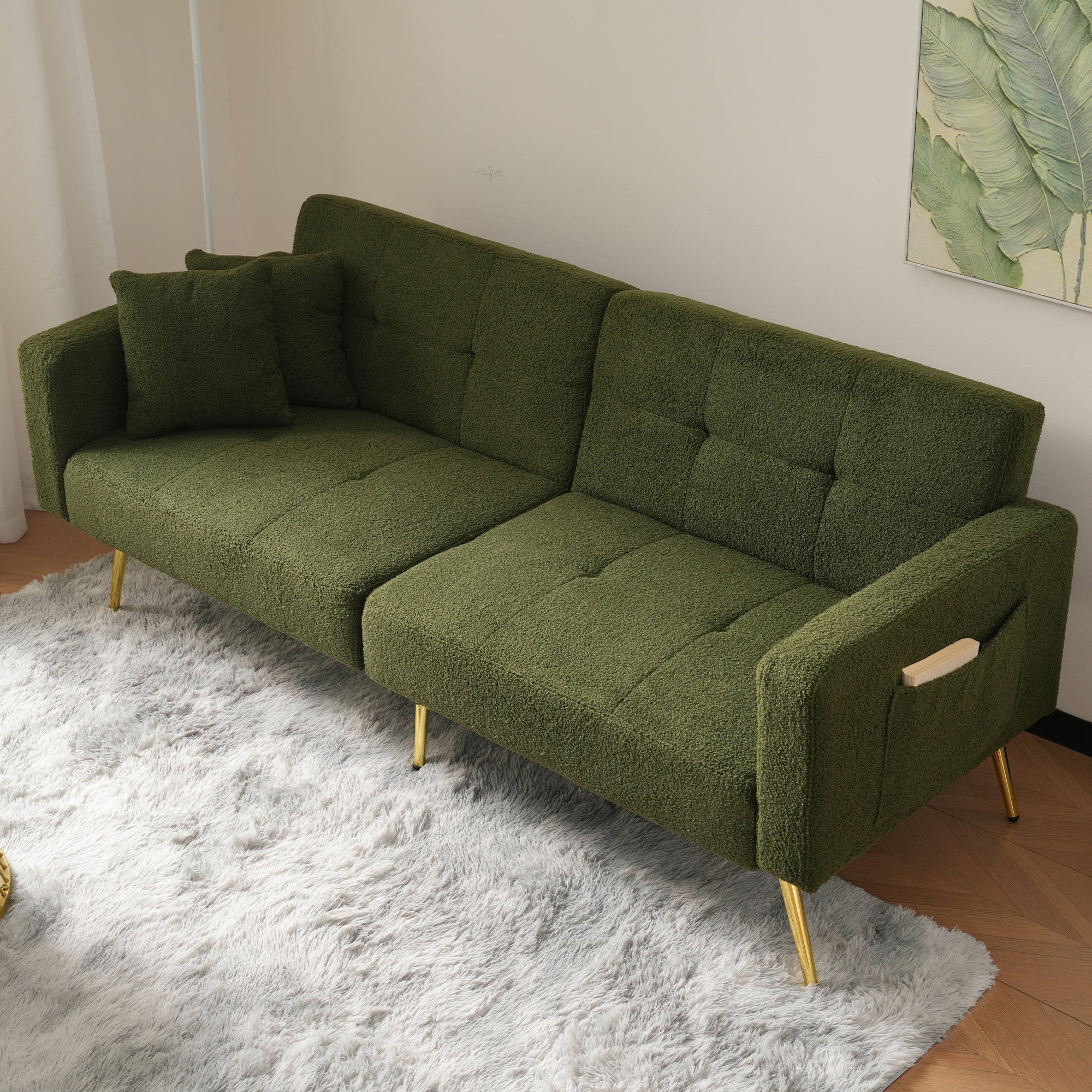Sofa Bed with Adjustable Backrest, Gold Legs, Cushions and Side Storage Pockets - Image 4