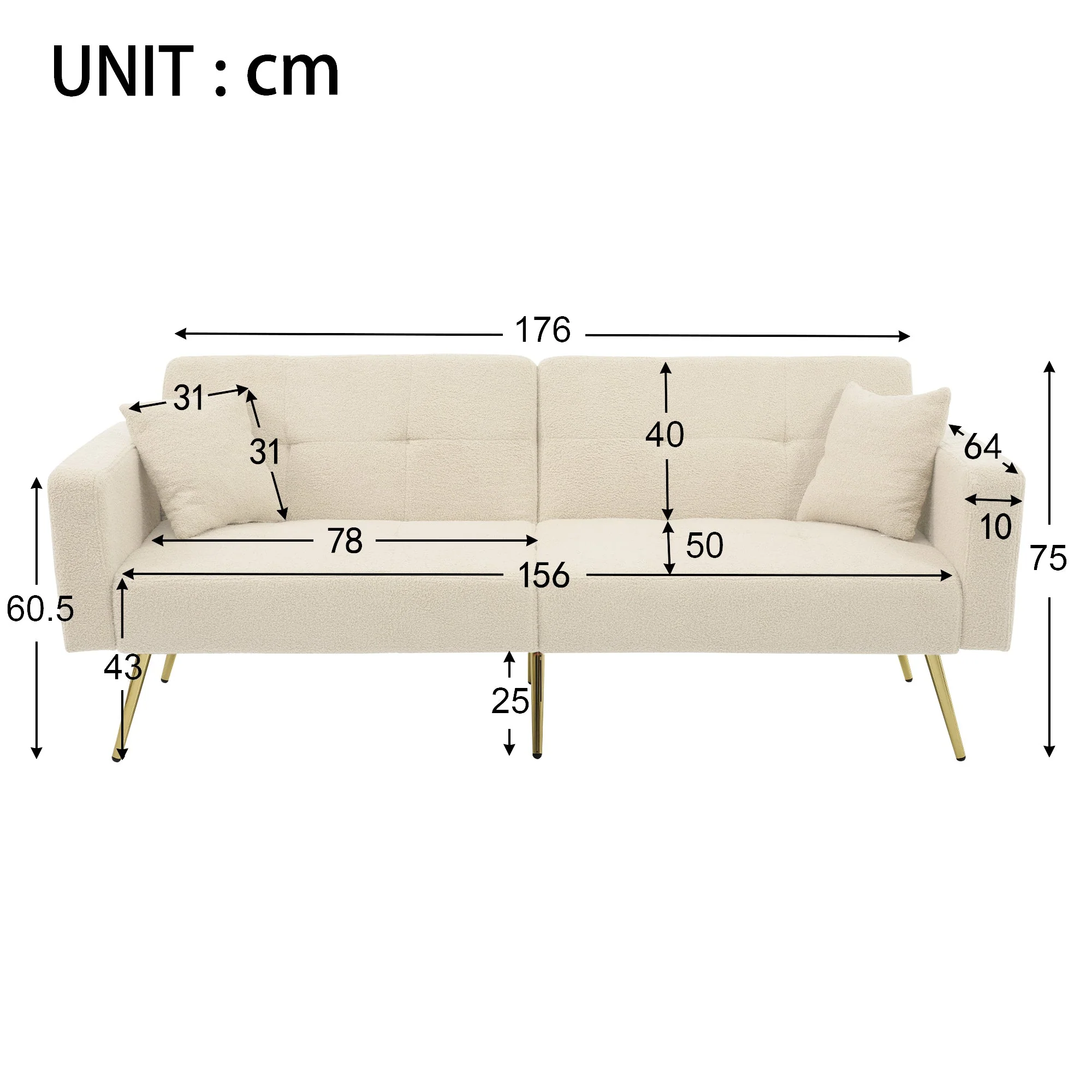 Sofa Bed with Adjustable Backrest, Gold Legs & Storage Pockets, Cushions Included - Image 3