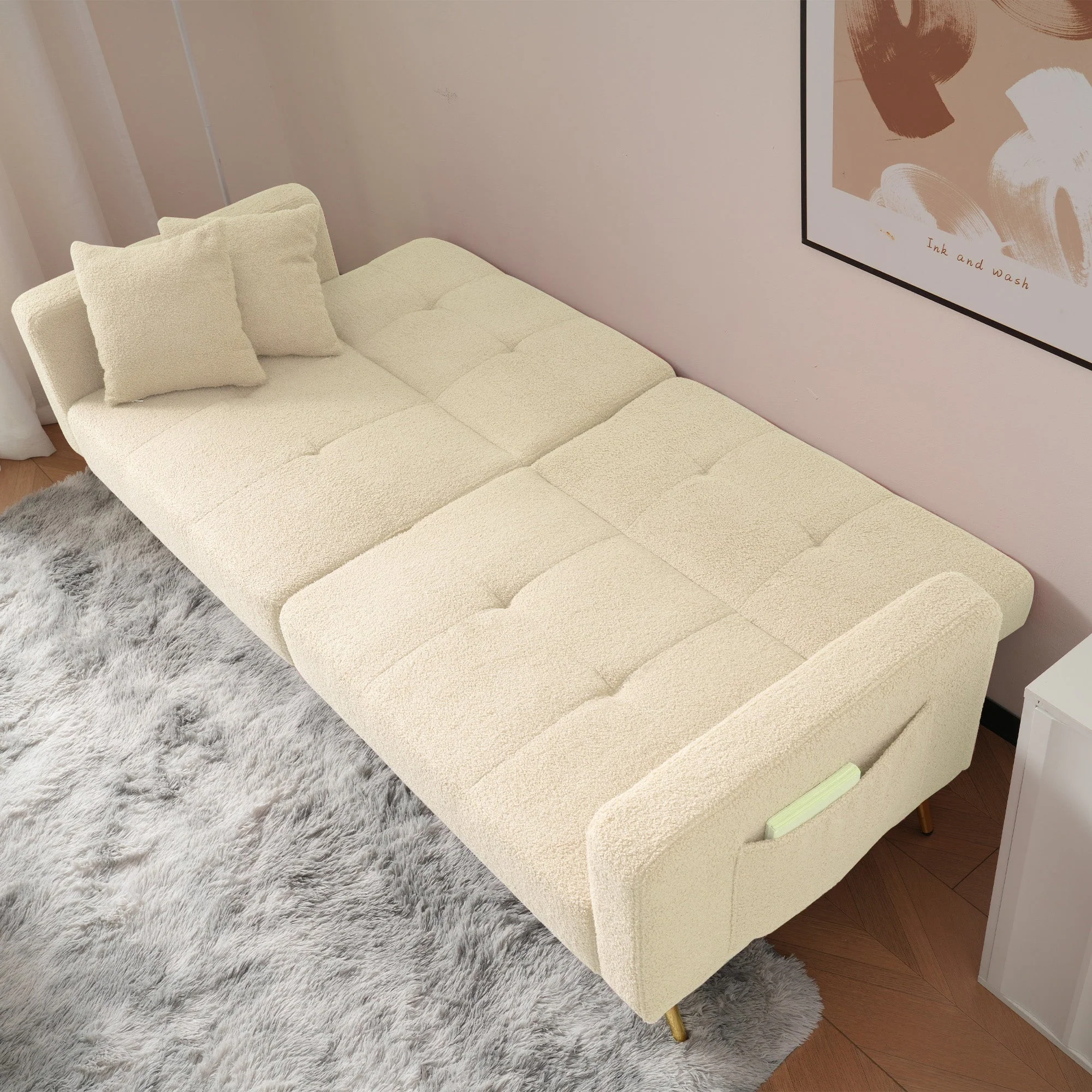 Sofa Bed with Adjustable Backrest, Gold Legs & Storage Pockets, Cushions Included - Image 5