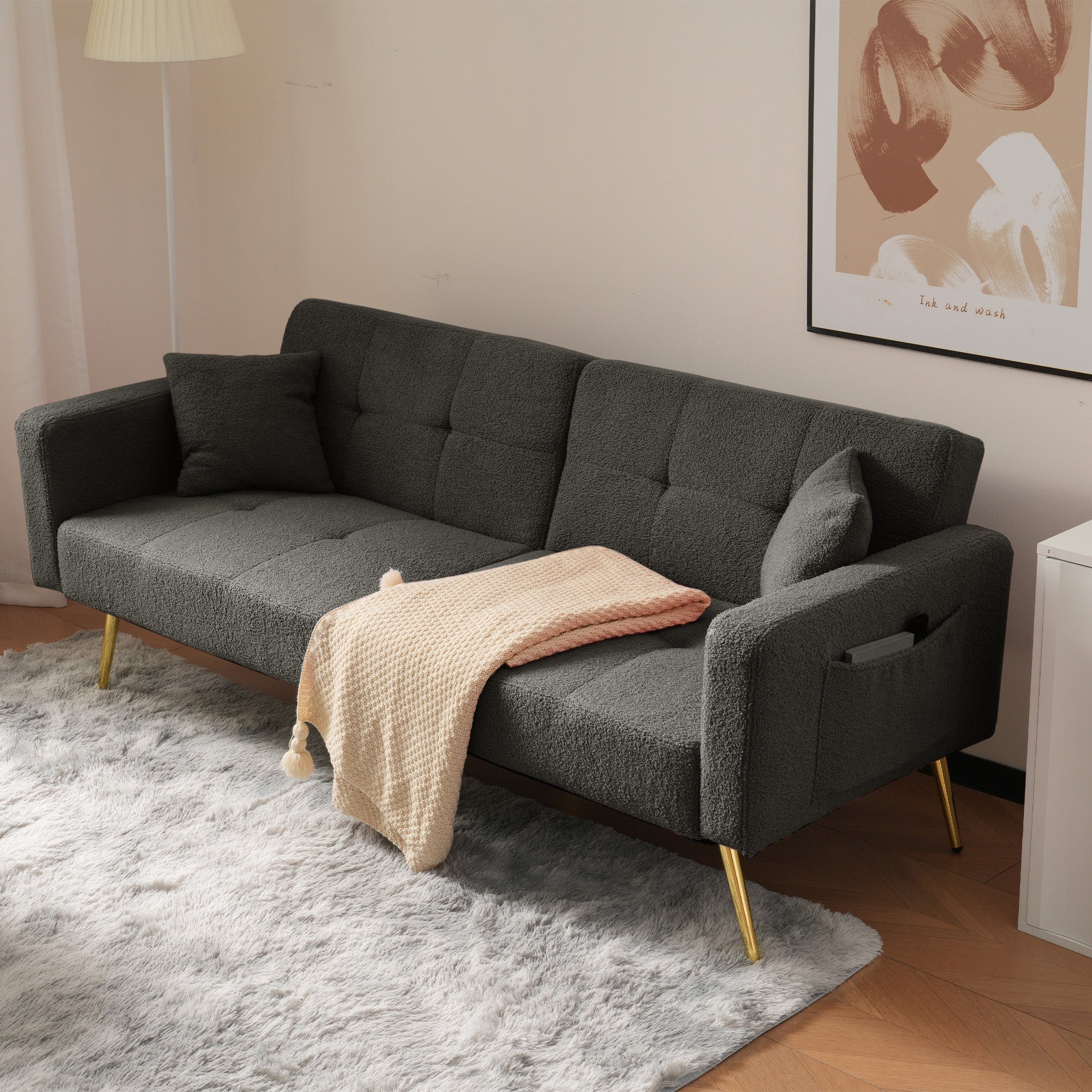 Sofa Bed with Bed Function, 3 Adjustable Backrest Angles, Gold Legs, Cushions, and Side Storage Pockets - Image 2