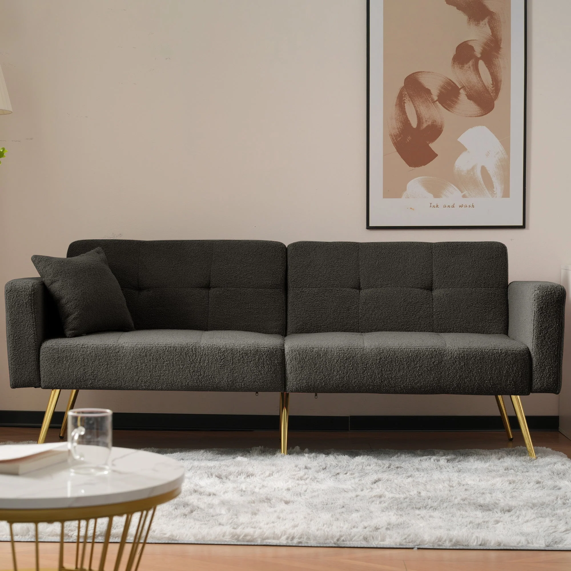 Sofa Bed with Bed Function, 3 Adjustable Backrest Angles, Gold Legs, Cushions, and Side Storage Pockets - Image 3