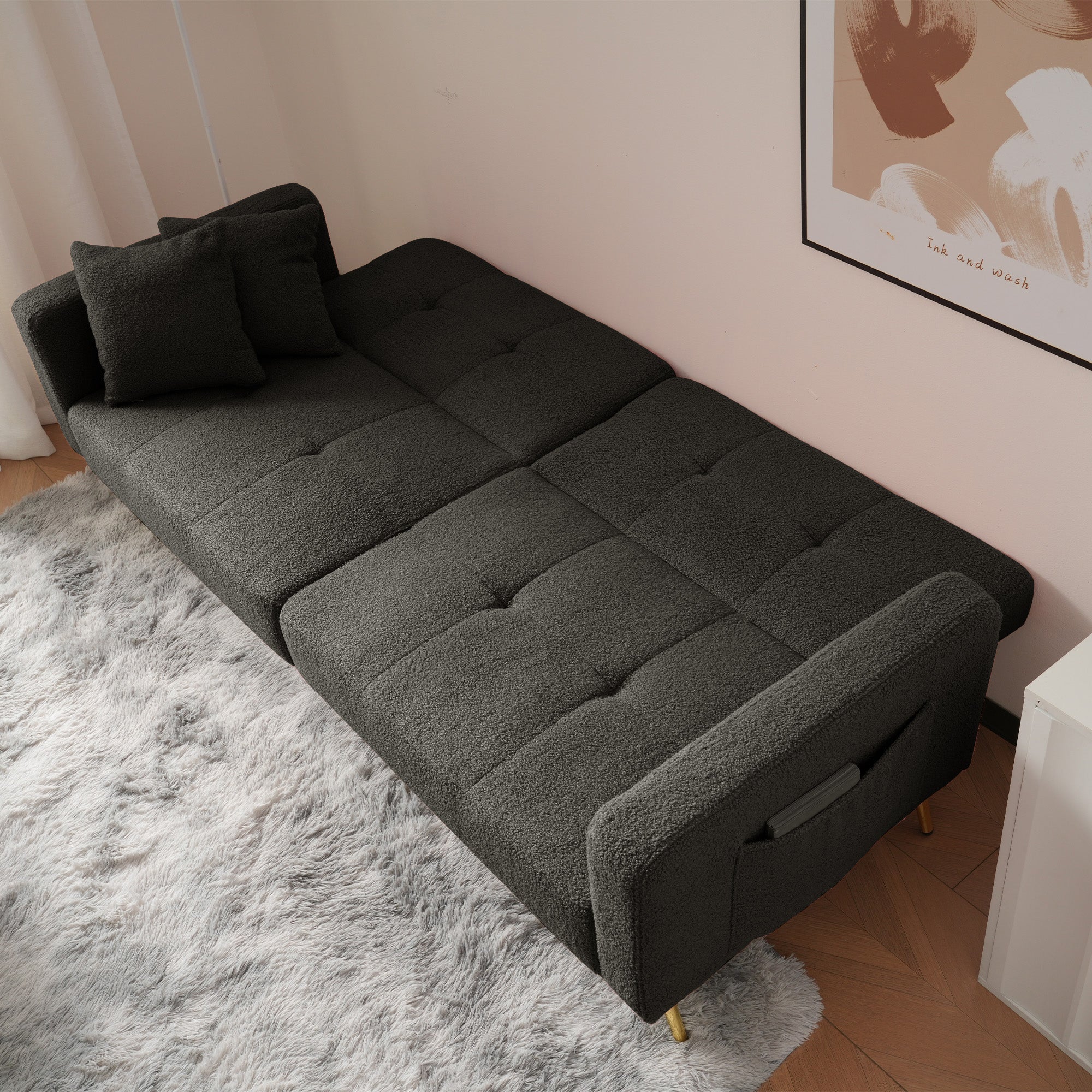 Sofa Bed with Bed Function, 3 Adjustable Backrest Angles, Gold Legs, Cushions, and Side Storage Pockets - Image 5