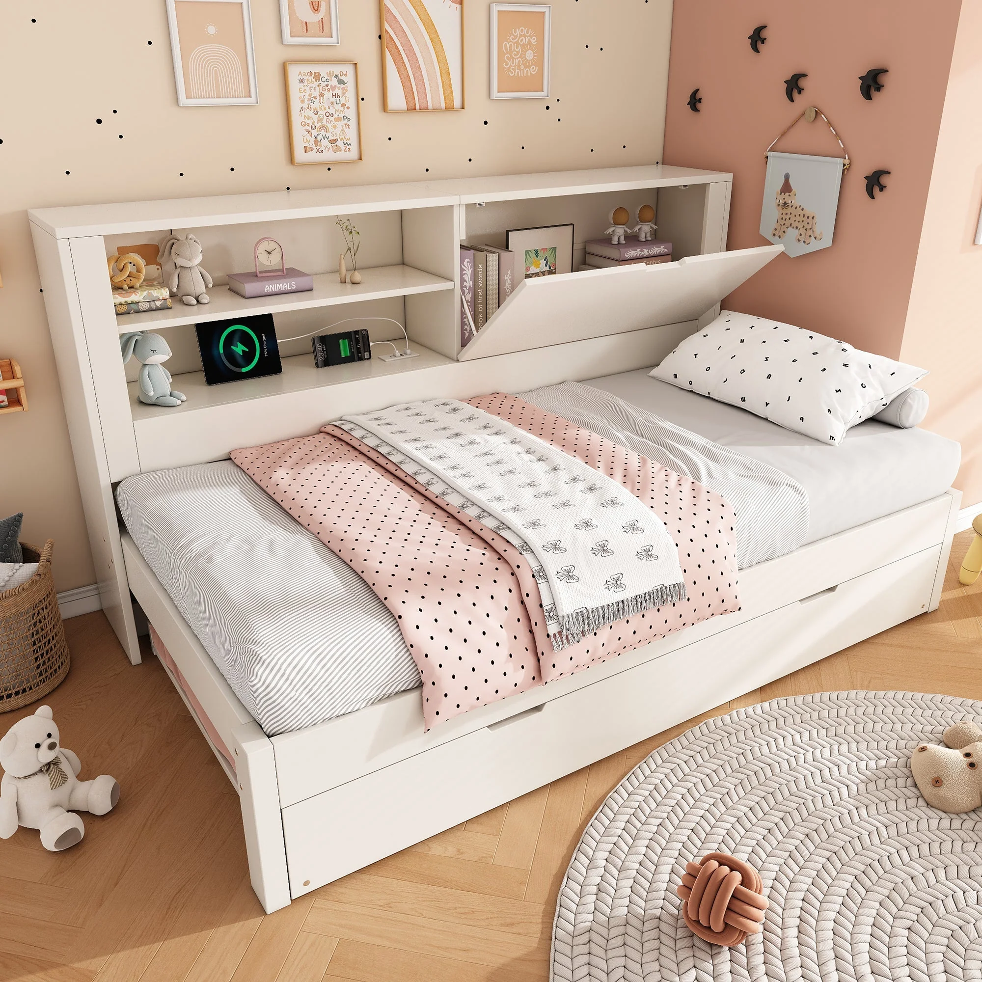 Sofa Bed with Pull-out Bed and Storage Back Panel, USB/USB-C Charging Station, White - Image 10