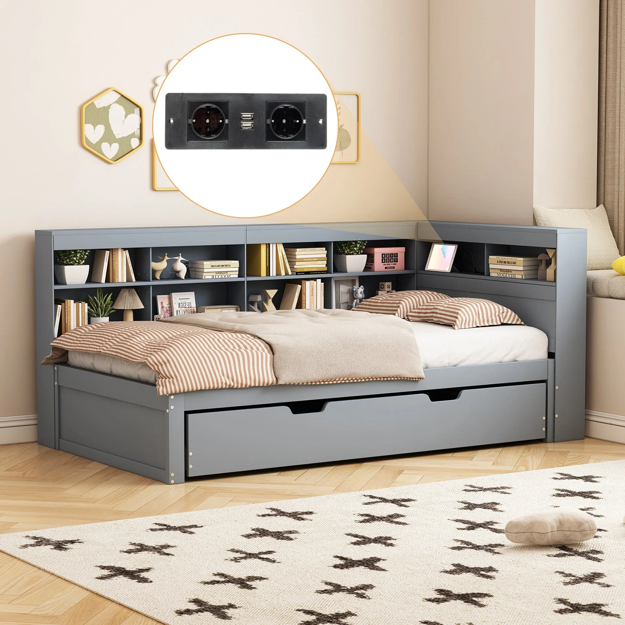 Sofa Bed with USB Socket & Storage, Solid Wood, Gray - Image 3