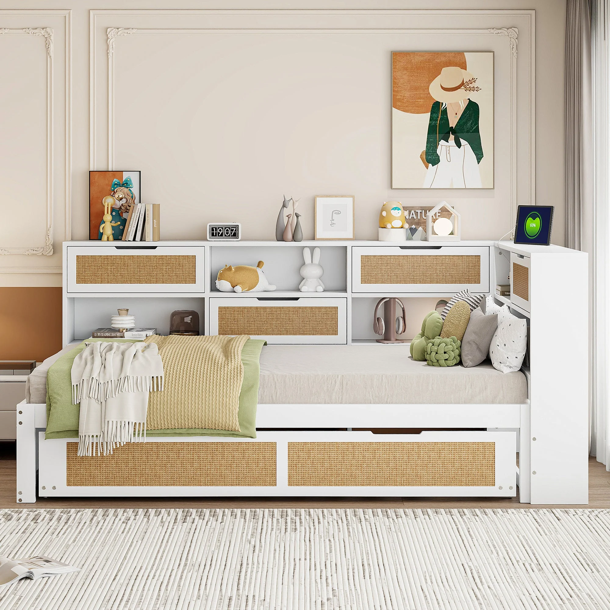 Sofa Bed, Wooden 90*200 Pull-out Multifunctional Single with Storage & Charging Port, White - Image 2