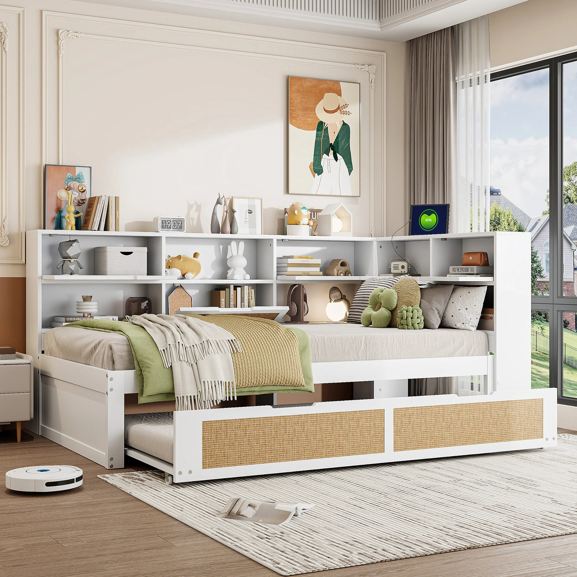 Sofa Bed, Wooden 90*200 Pull-out Multifunctional Single with Storage & Charging Port, White - Image 3