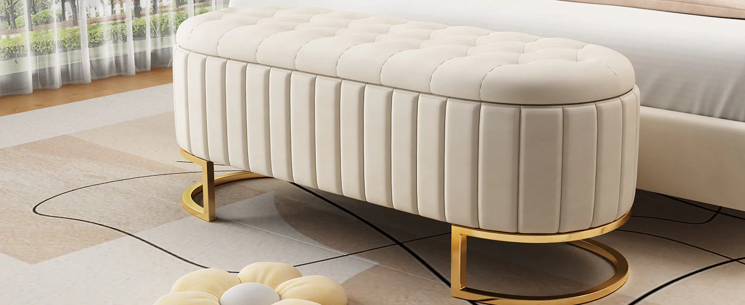 Sofa Bench Footstool with Storage, 120x40cm, Beige Velvet Fabric - Image 4