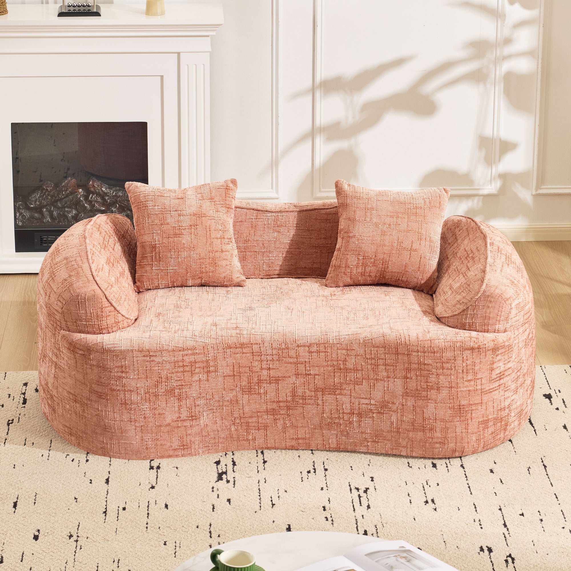 Sofa, curved two-seater with armrests and 2 cushions, cream linen - Image 5