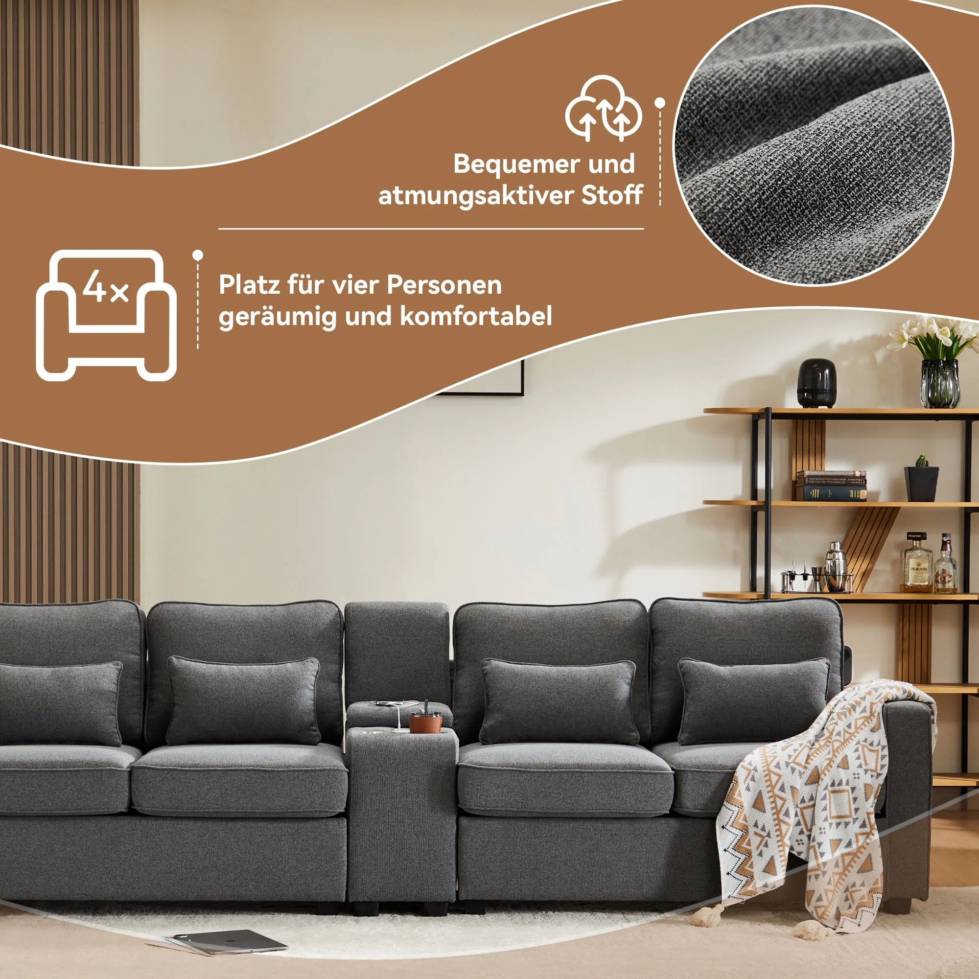 Sofa, Modern 4-Seater with Console, USB, Cupholders, Linen Fabric - Image 10