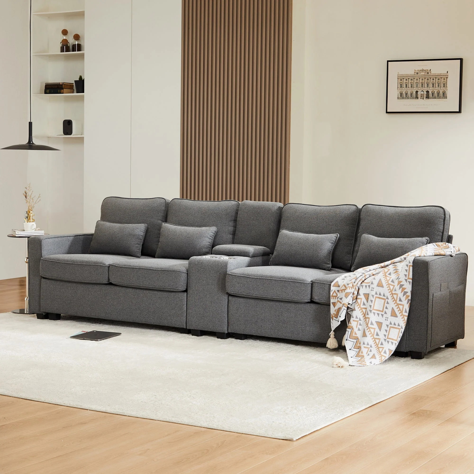 Sofa, Modern 4-Seater with Console, USB, Cupholders, Linen Fabric - Image 3
