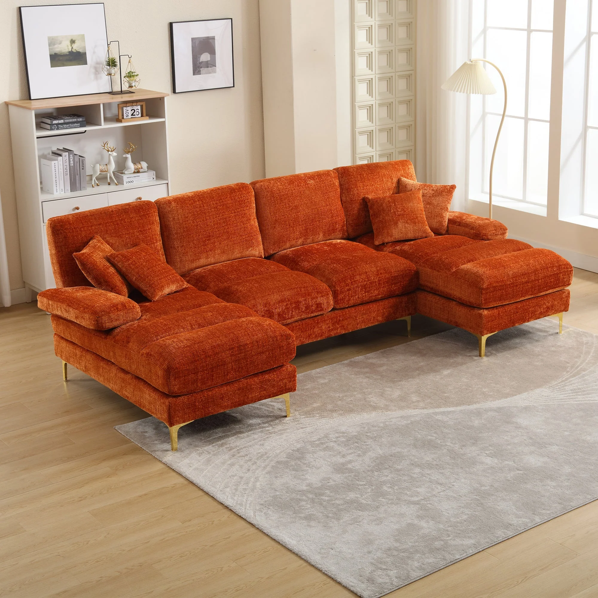 Sofa, Modern Large U-Shape Sectional with Double Reclining Seats, Chenille Orange - Image 5