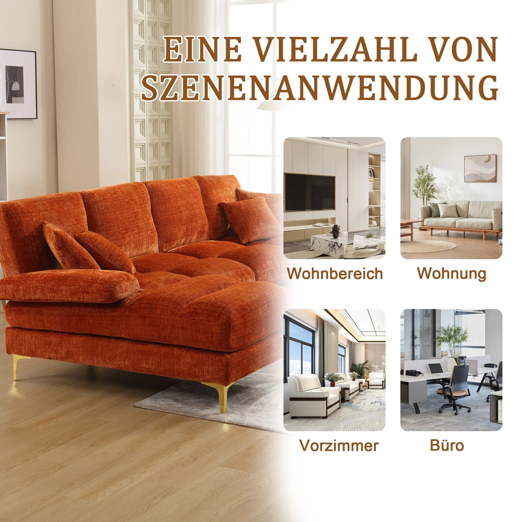 Sofa, Modern Large U-Shape Sectional with Double Reclining Seats, Chenille Orange - Image 6