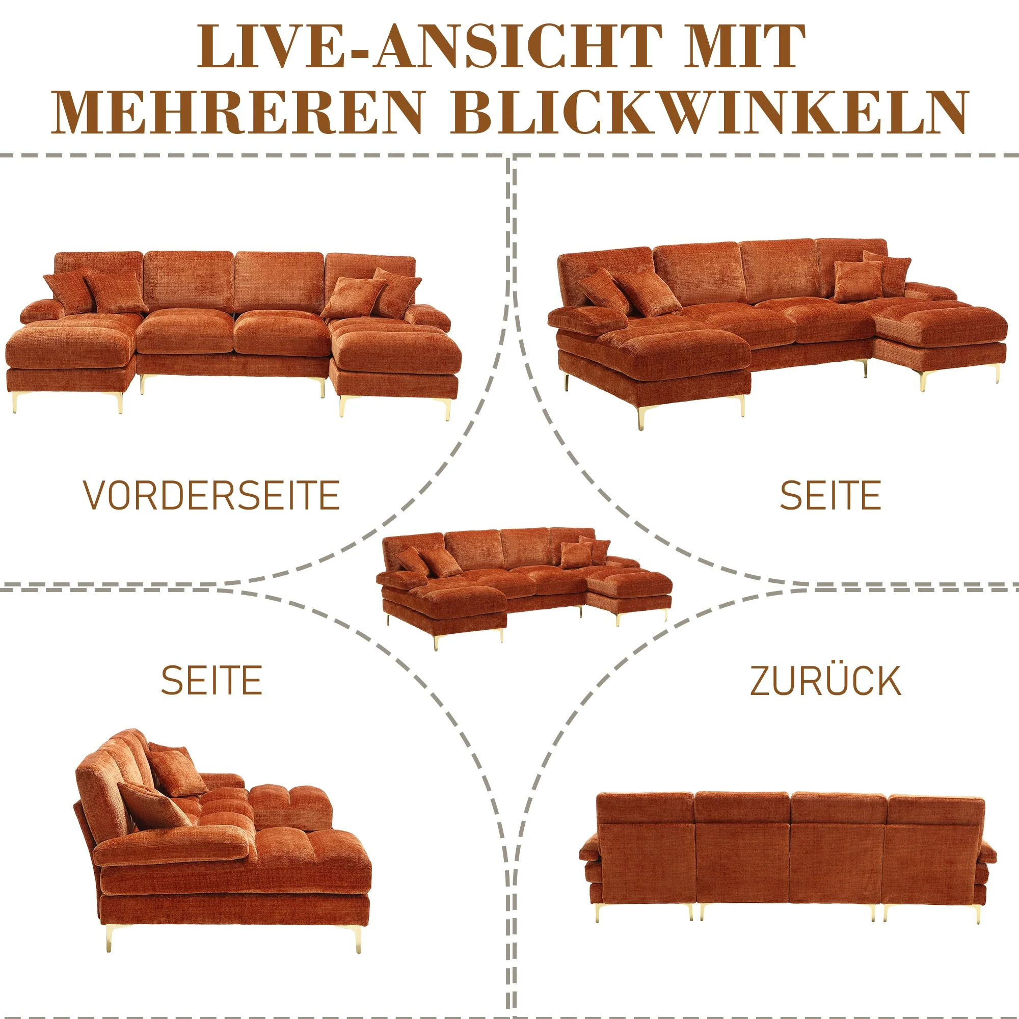 Sofa, Modern Large U-Shape Sectional with Double Reclining Seats, Chenille Orange - Image 7
