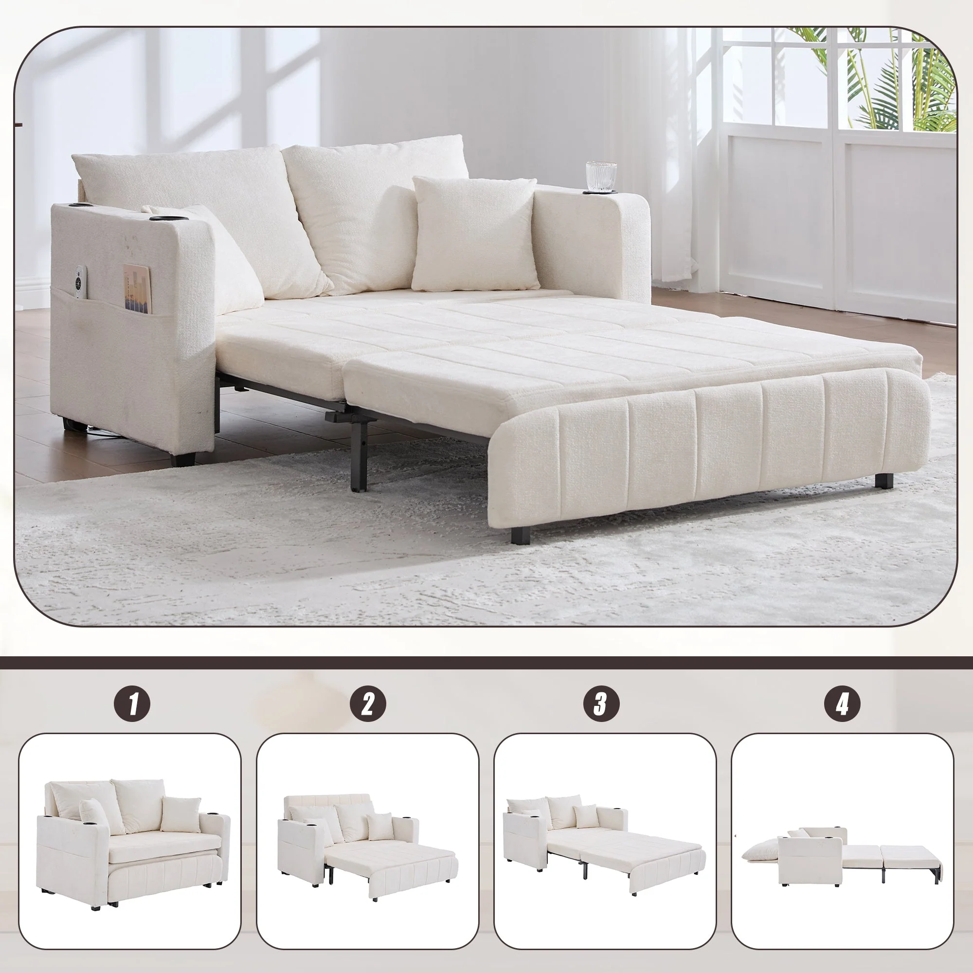 Sofa, Multifunctional Folding Pull-Out with USB & Cup Holder, Fabric - Image 2