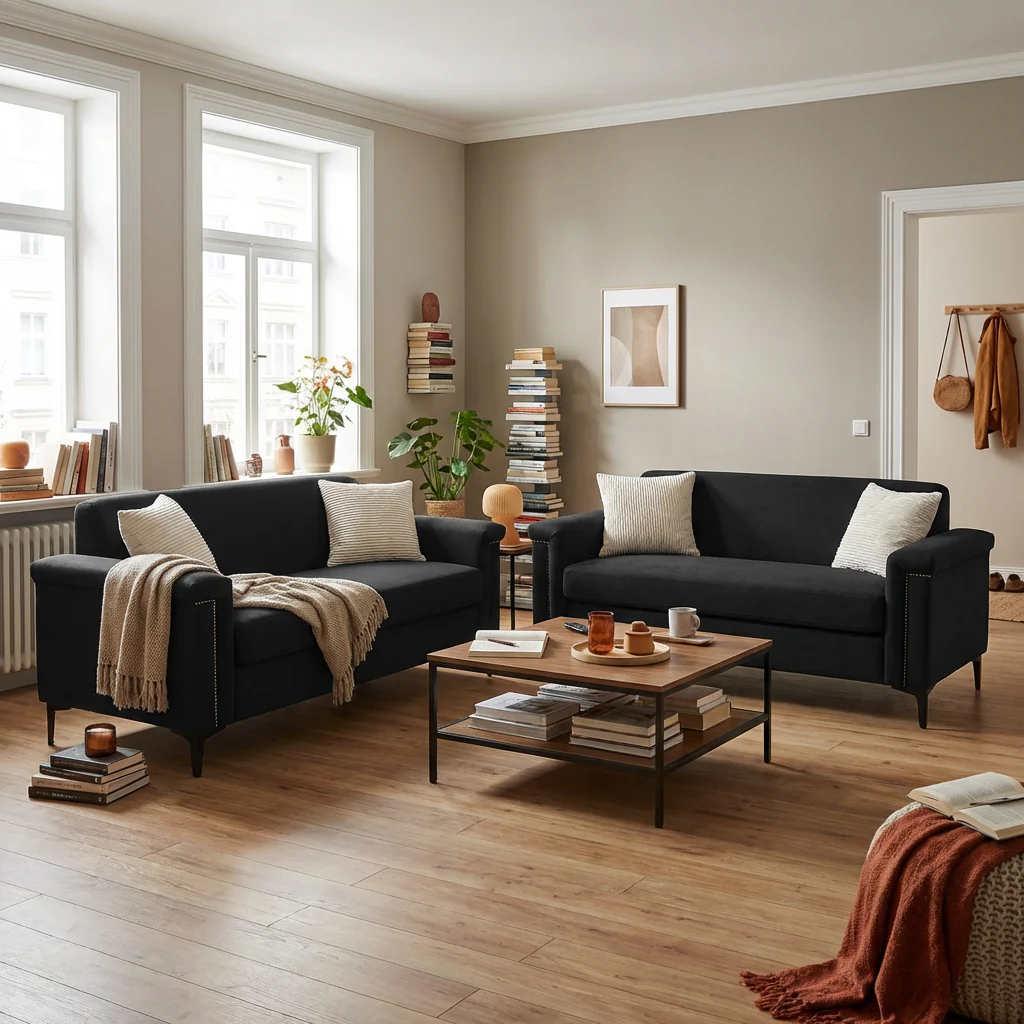 Sofa Set 2-Piece 172cm Space-Saving Metal Legs - Black Fabric - Image 3
