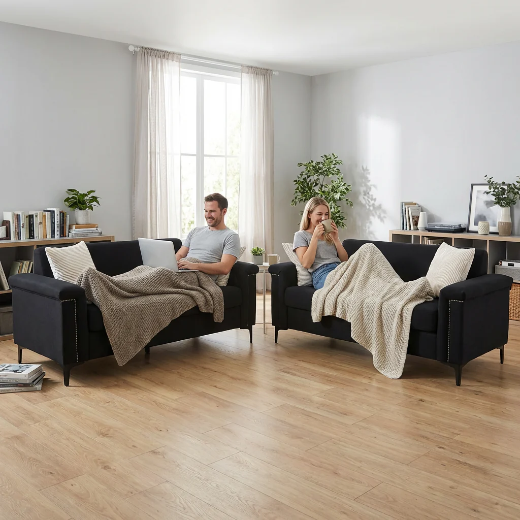 Sofa Set 2-Piece 172cm Space-Saving Metal Legs - Black Fabric - Image 4