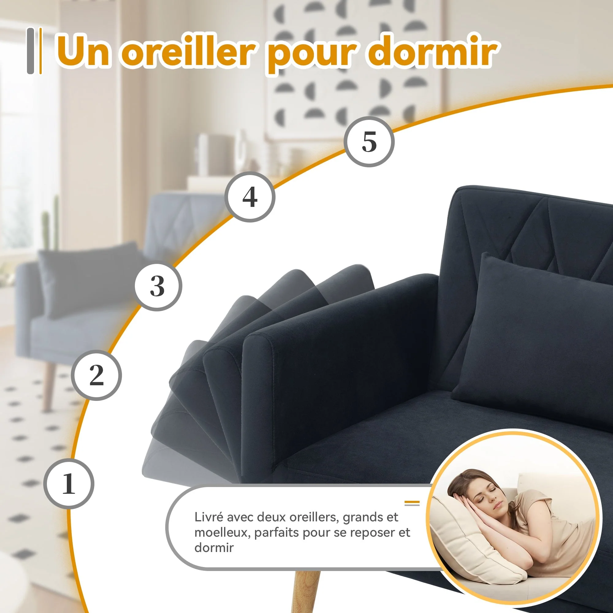 Sofa, Two-Seater Sofa Bed with Sleep Function, Velvet Fabric - Image 10
