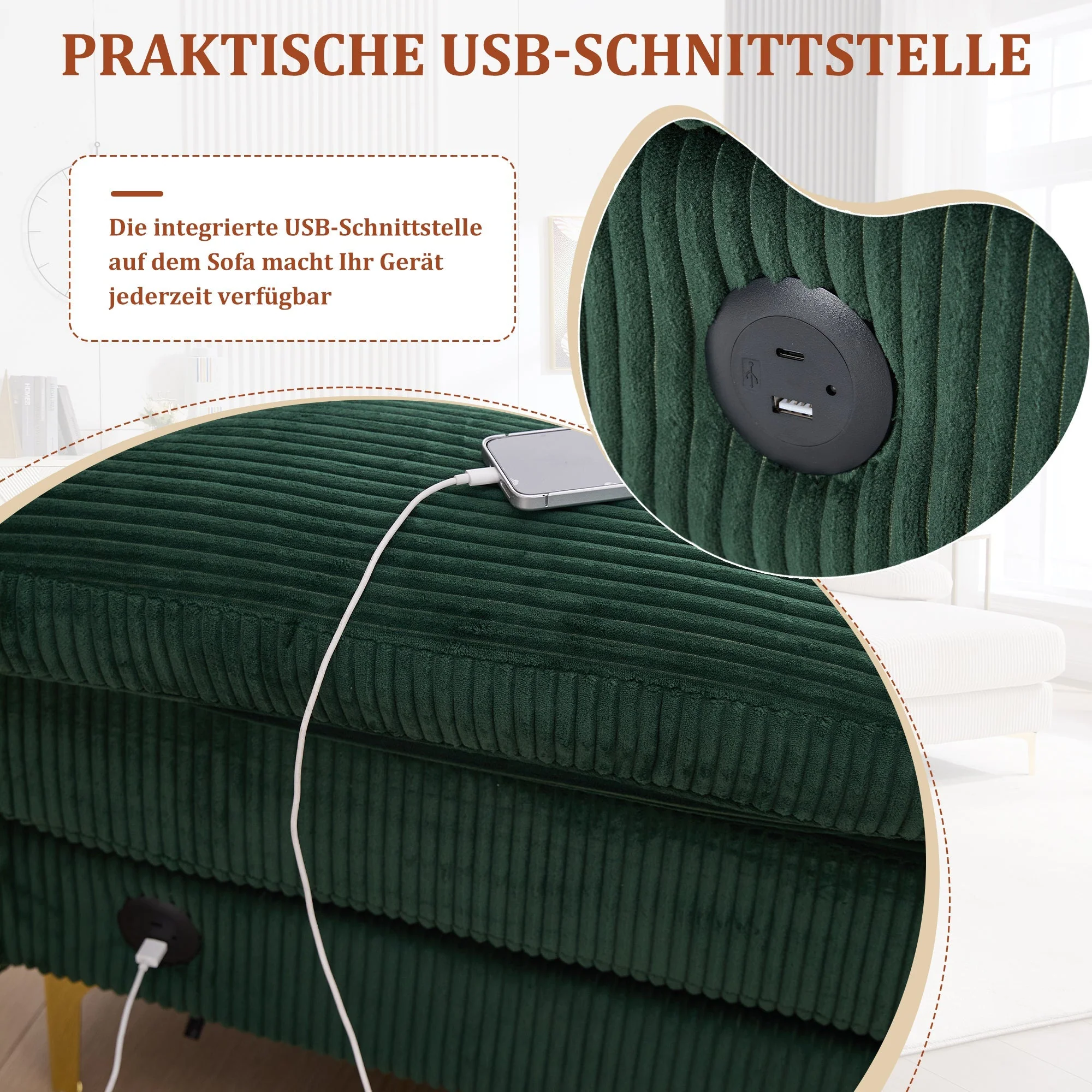 Sofa, U-Shaped with LED & USB-C, Dark Green - Image 4