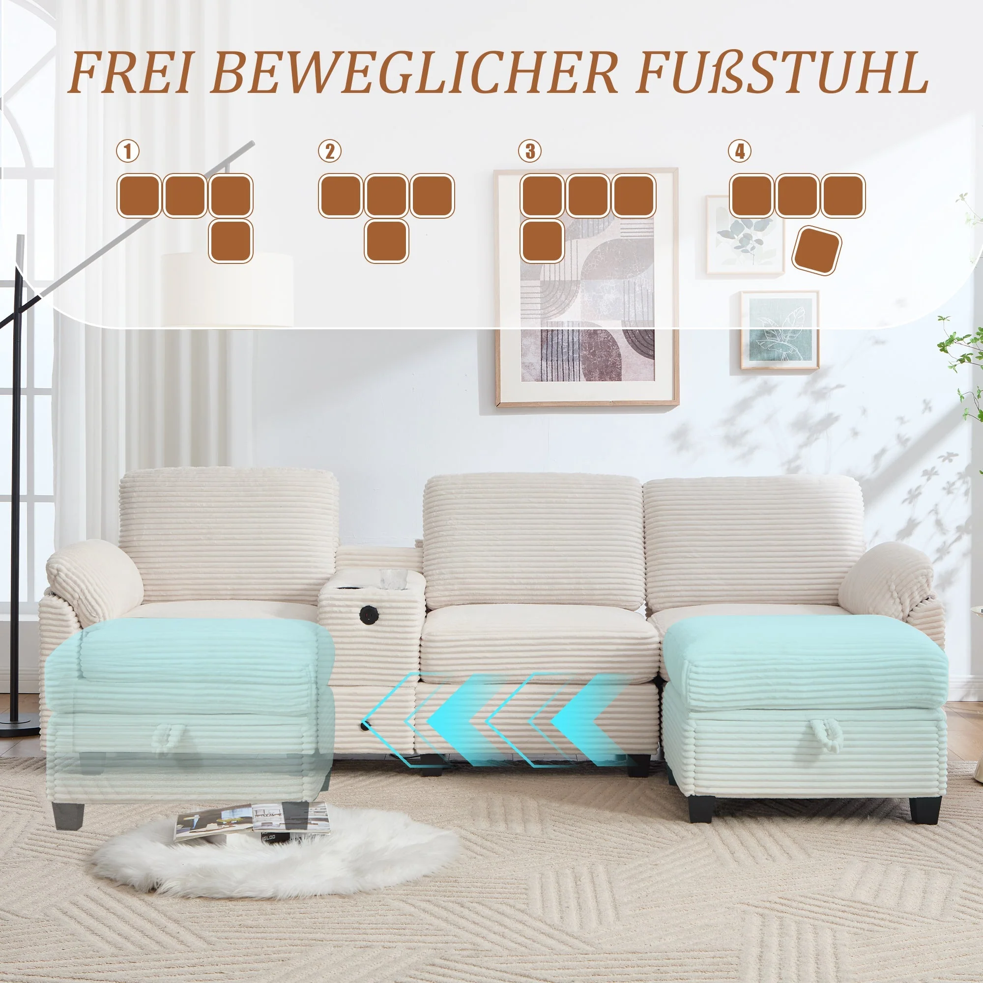 Sofa with Console, USB-C Port, Drawer & Movable Ottoman - Corduroy - Image 5