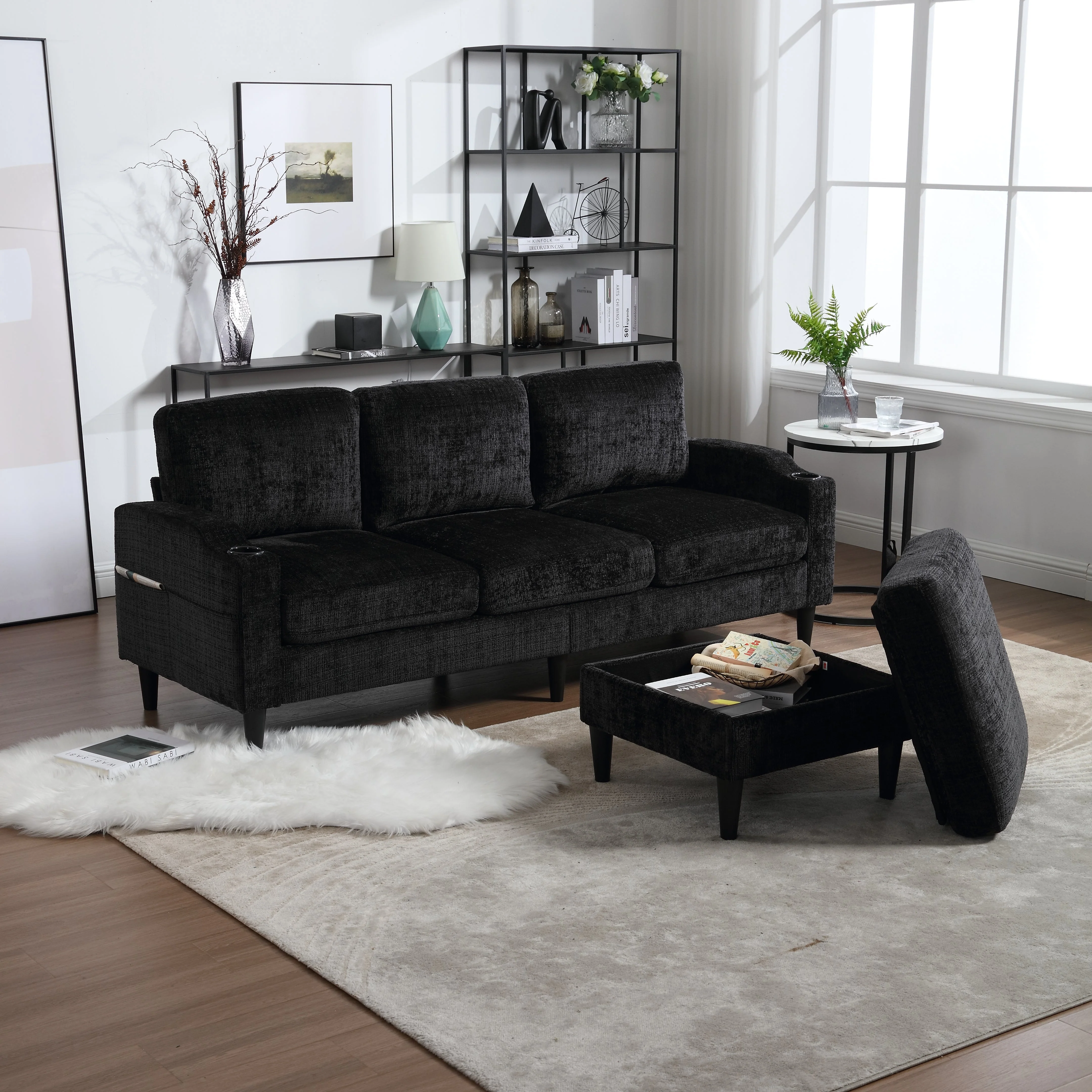 Sofa with Footstool & Storage, 4-Seater with Cup Holder, Velvet - Image 2