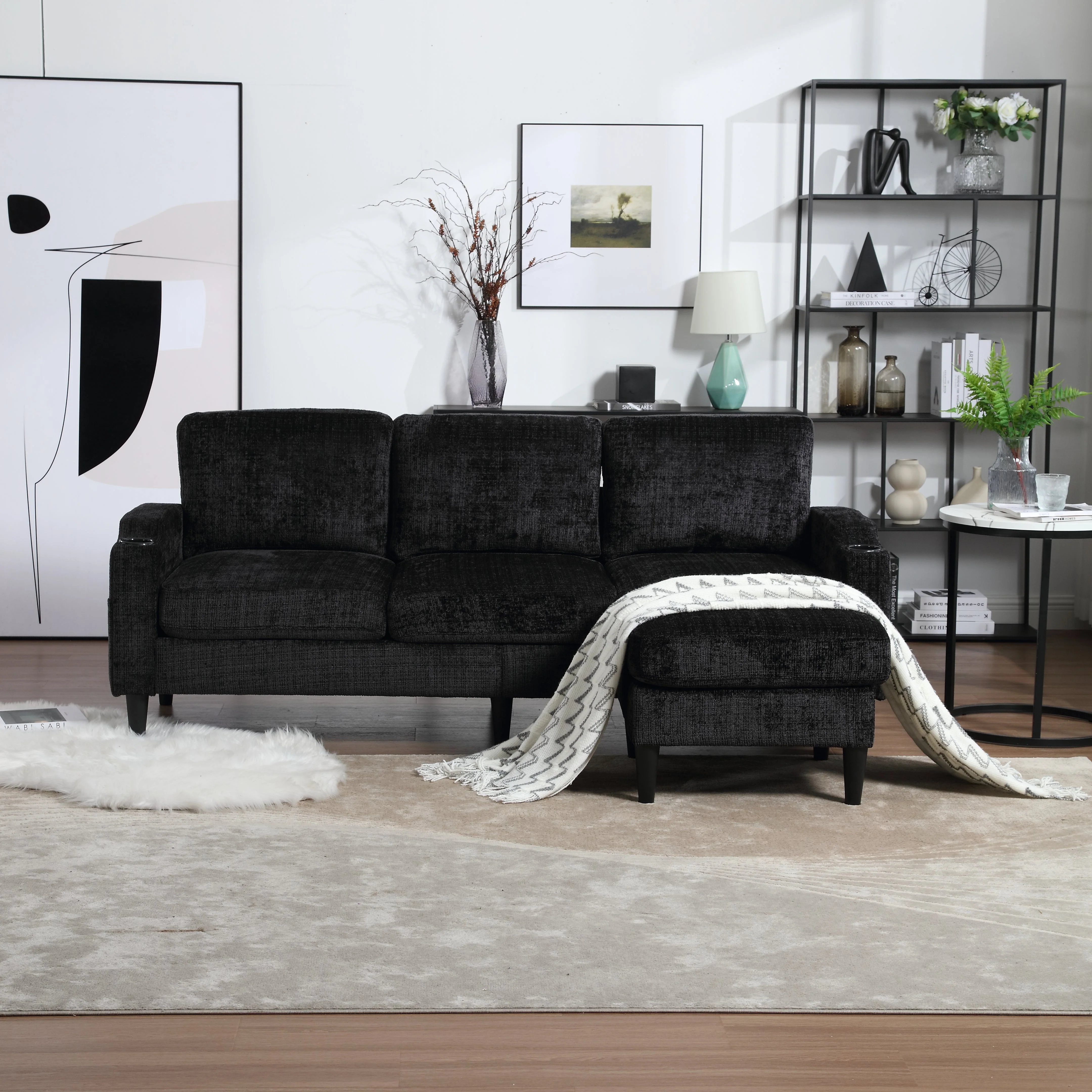 Sofa with Footstool & Storage, 4-Seater with Cup Holder, Velvet - Image 4