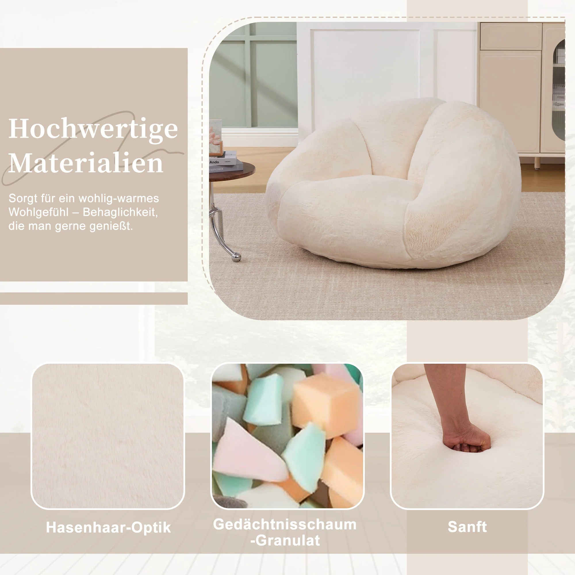 Soft Plush Beanbag Sofa with Non-Slip Base and Memory Foam, White Artificial Rabbit Fur - Image 2