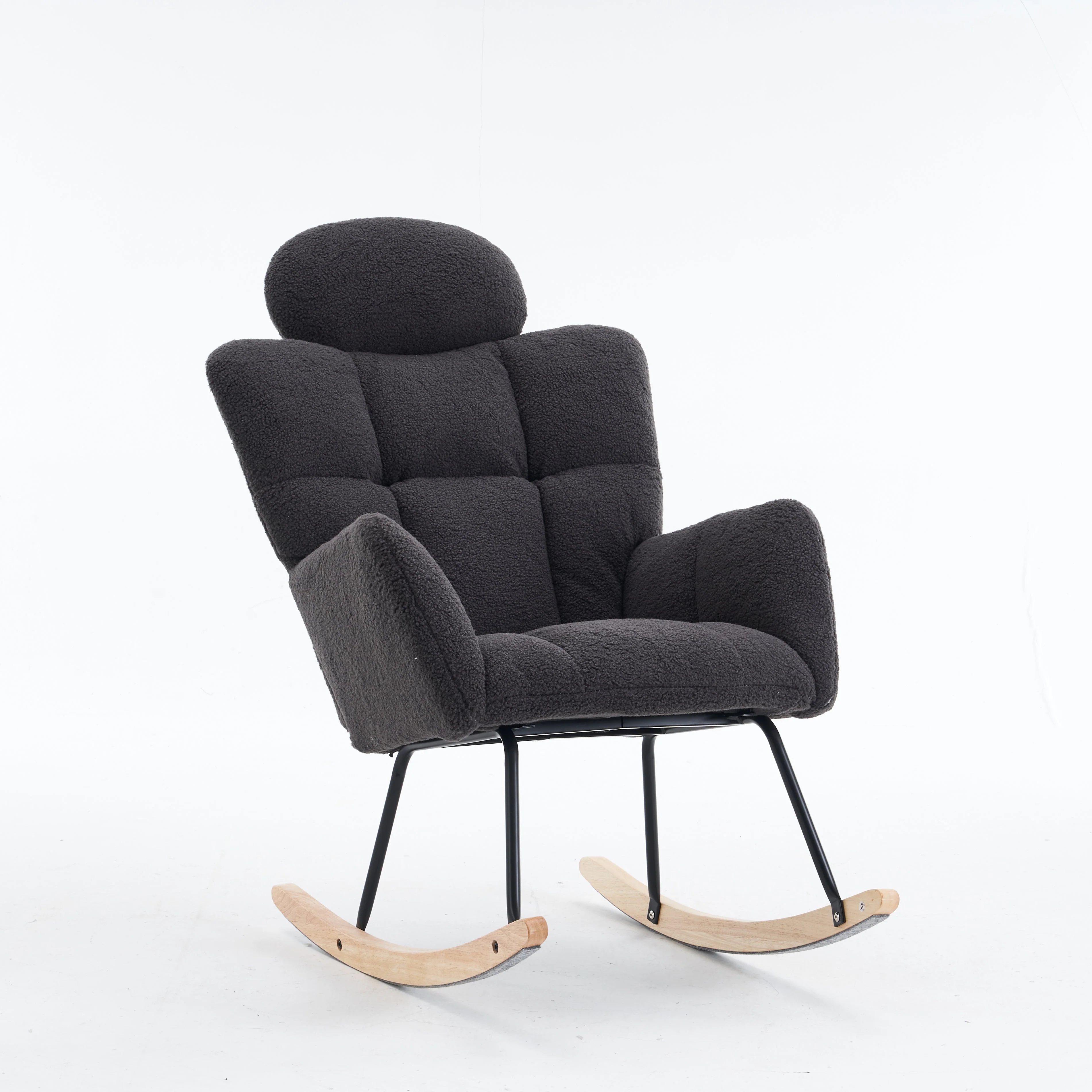 Soft Teddy Fabric Rocking Chair with Padded Seat and Headrest, Dark Grey