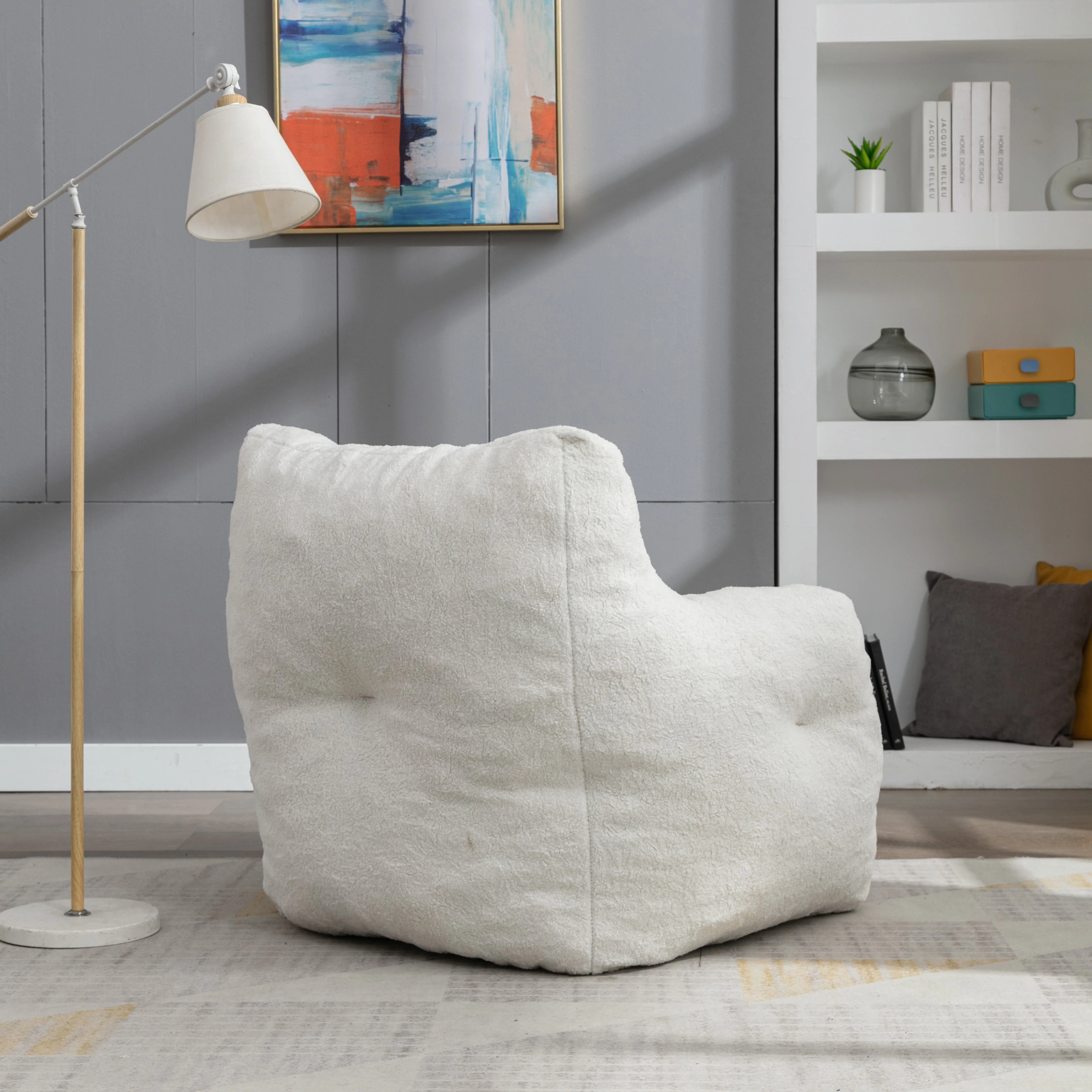 Soft Tufed Foam Bean Bag Chair with Teddy Fabric, Ivory White - Image 2