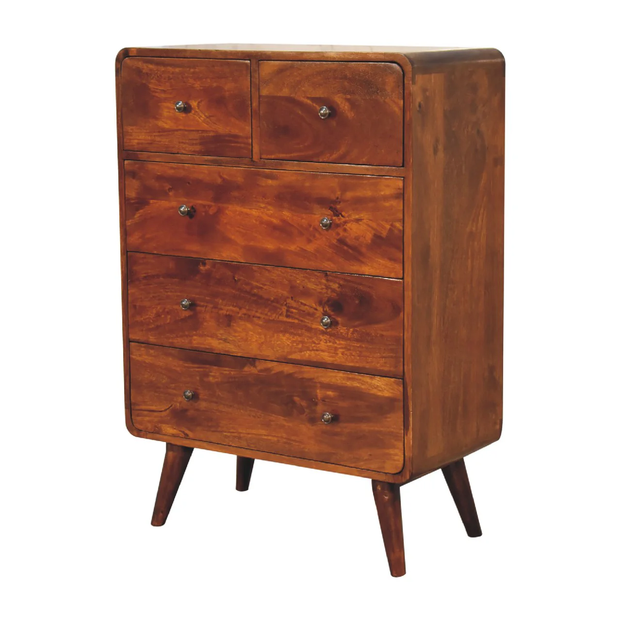 Solid Wood 2 over 3 Curved Chestnut Chest with Nordic Legs, Dark Brown - Image 4