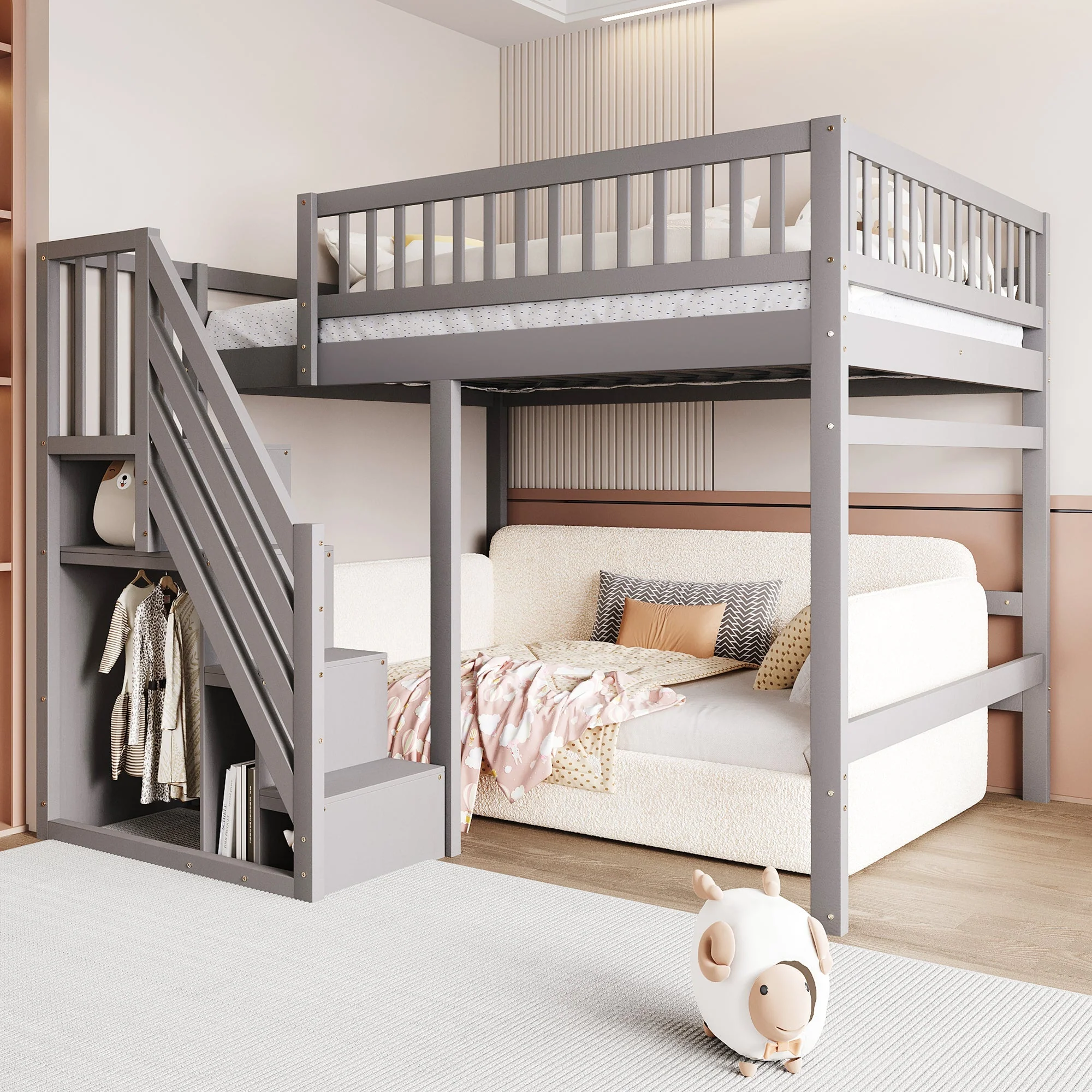 Solid wood bed 140*200, stairs with storage, high railing, grey