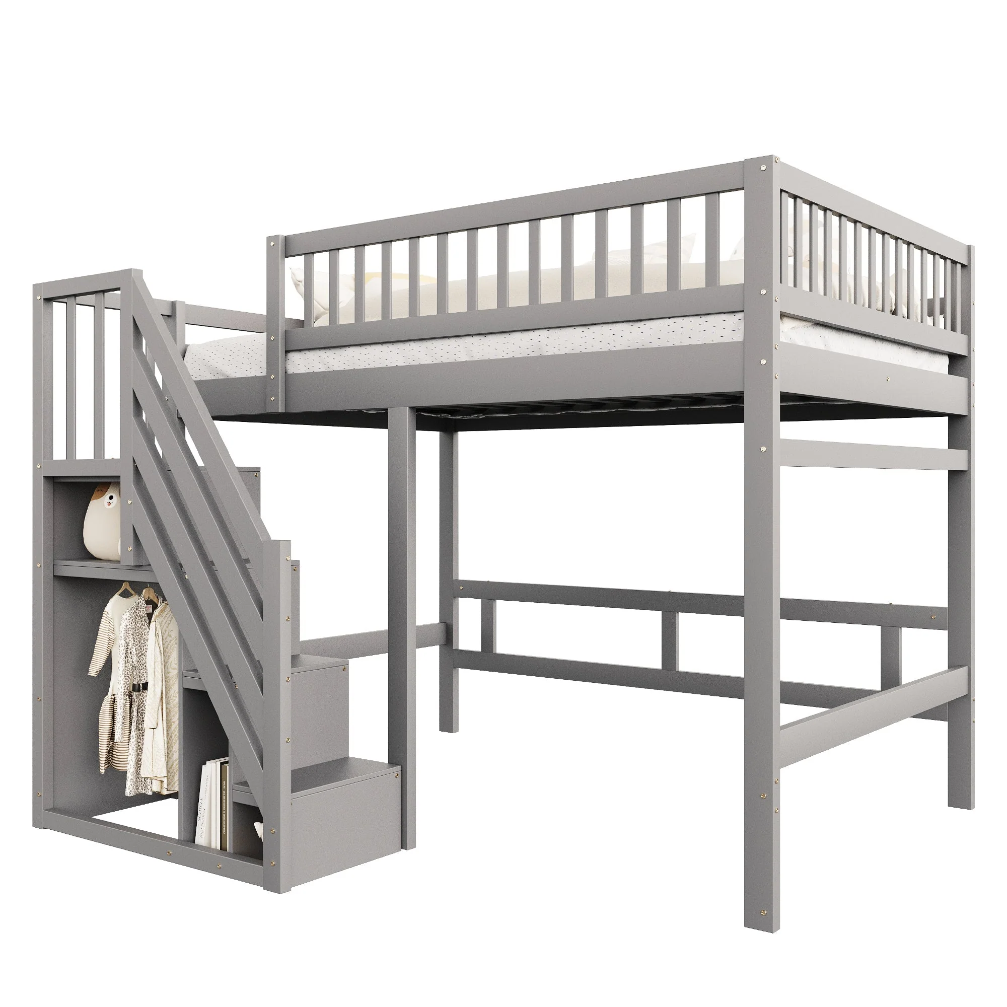 Solid wood bed 140*200, stairs with storage, high railing, grey - Image 5