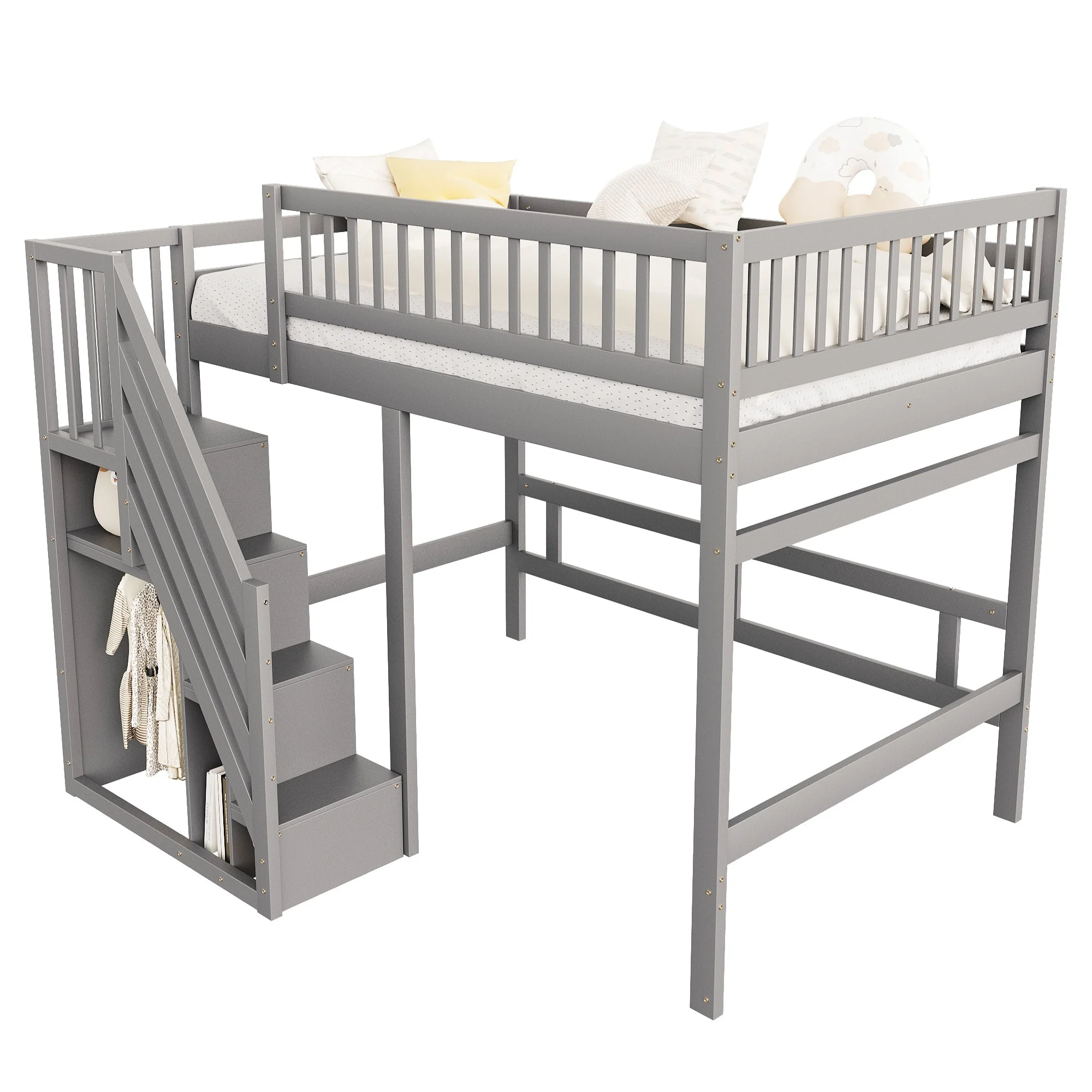 Solid wood bed 140*200, stairs with storage, high railing, grey - Image 6