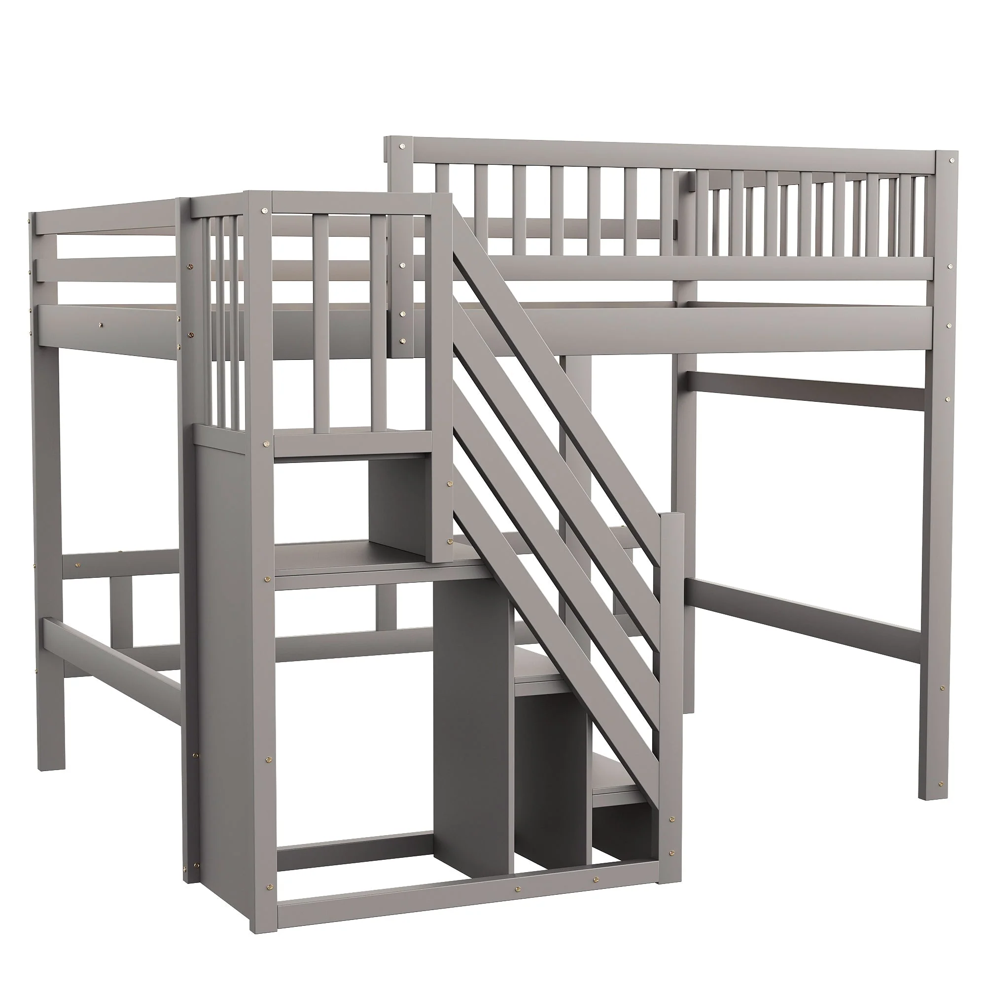 Solid wood bed 140*200, stairs with storage, high railing, grey - Image 7
