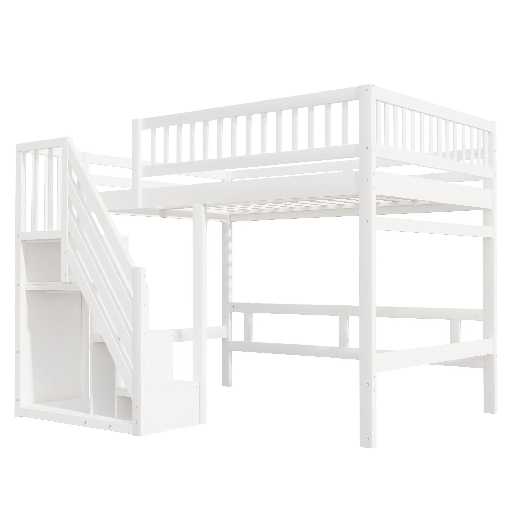 Solid Wood Bed, 140x200 with Stairs & Storage, High Railing, White - Image 10