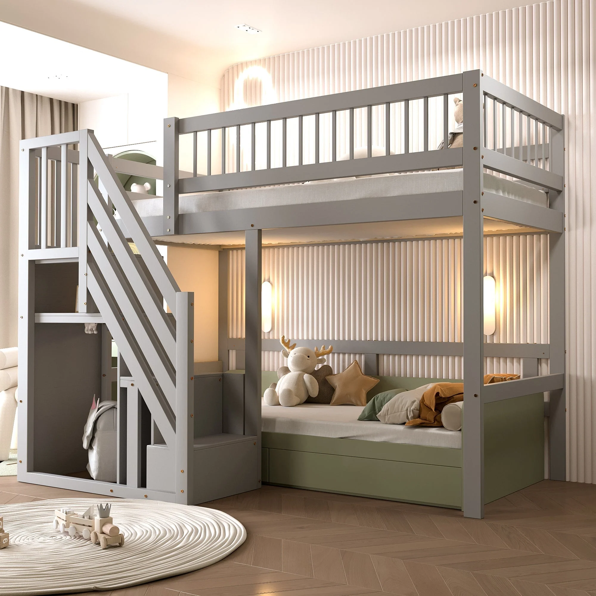 90×200cm Solid Wood Single Bed with Stairs and Storage Cabinet - Grey