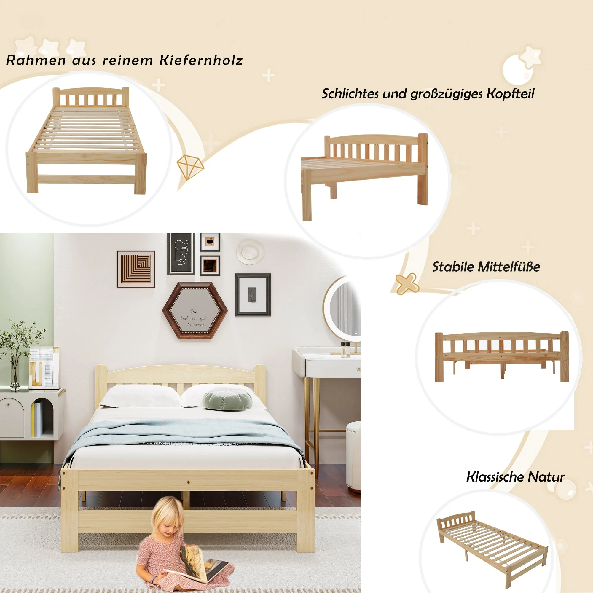 Solid Wood Bed, Futon Single with Headboard & Slats, Natural - Image 4
