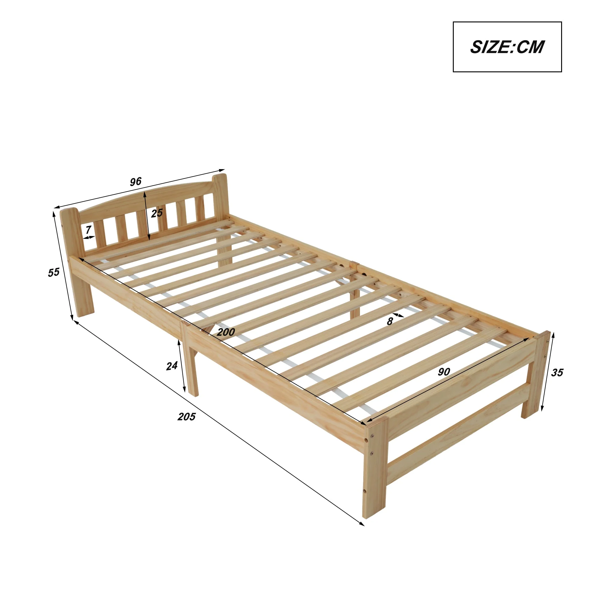 Solid Wood Bed, Futon Single with Headboard & Slats, Natural - Image 5
