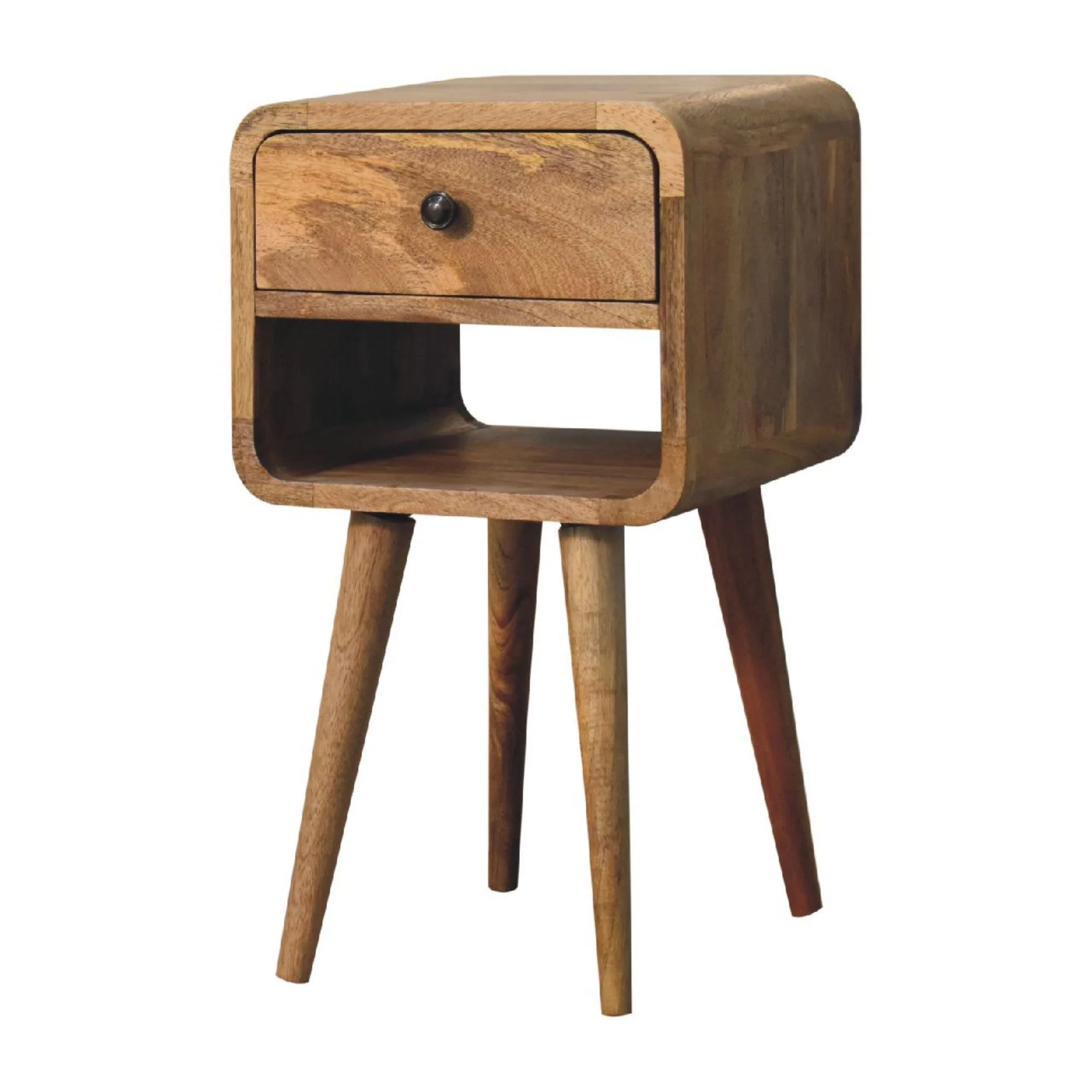 Solid Wood Bedside, Curve Lower with 1 Drawer and Open Slot, Oak-ish - Image 2