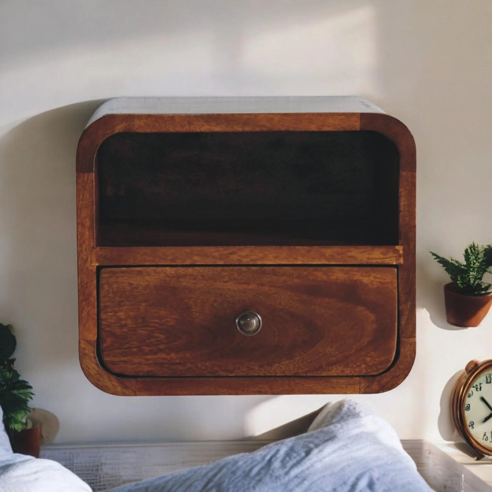 Solid Wood Bedside, Extra Mini Wall Mounted Curved 1 Drawer Open Slot, Dark Brown