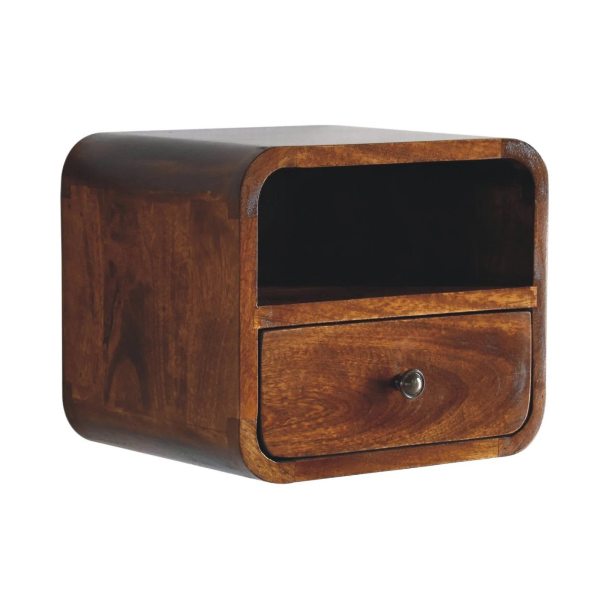 Solid Wood Bedside, Extra Mini Wall Mounted Curved 1 Drawer Open Slot, Dark Brown - Image 10