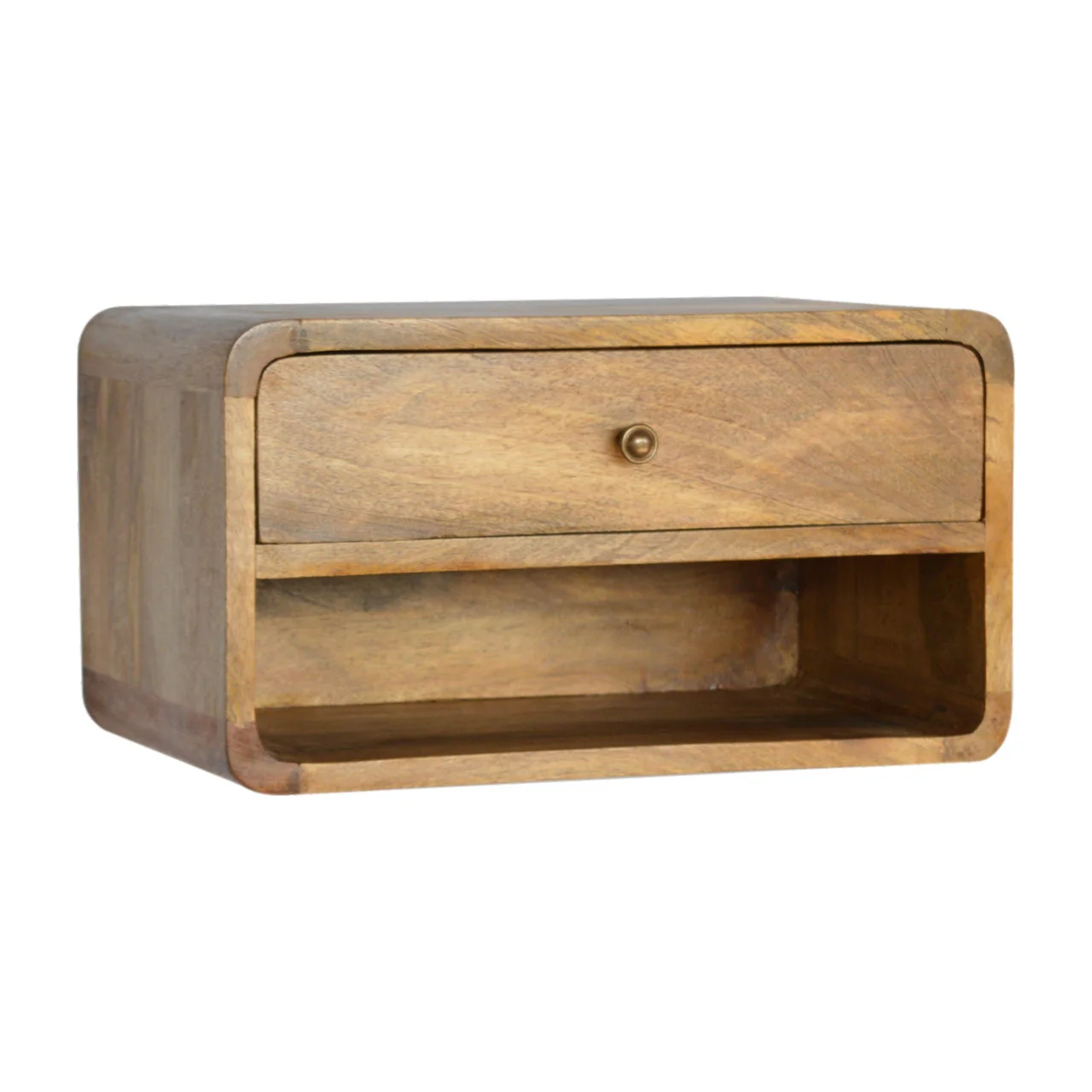 Solid Wood Bedside, Floating Curve Open Slot with 1 Drawer and Open Shelf, Brown - Image 8