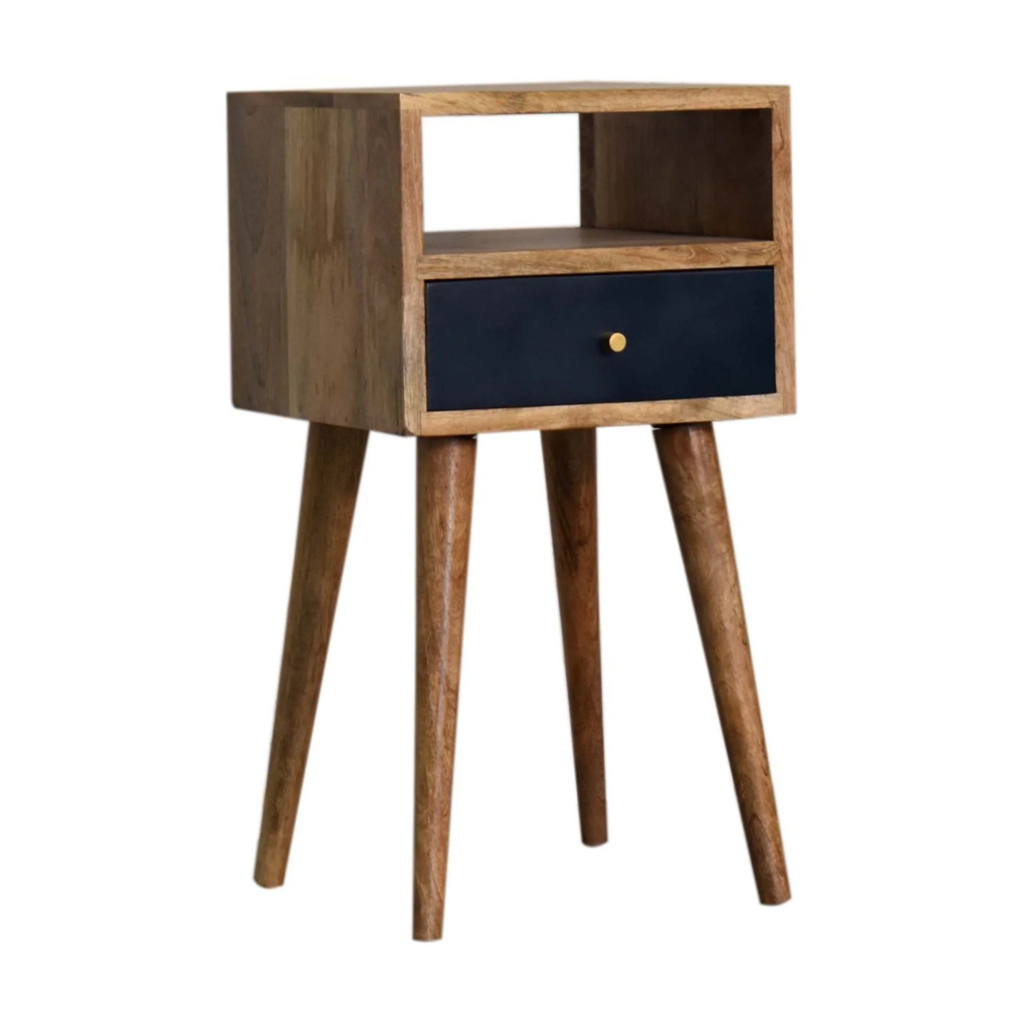 Solid Wood Bedside, Mini 1 Drawer Open Shelf, Navy Blue Hand Painted Light Brown - Image 4